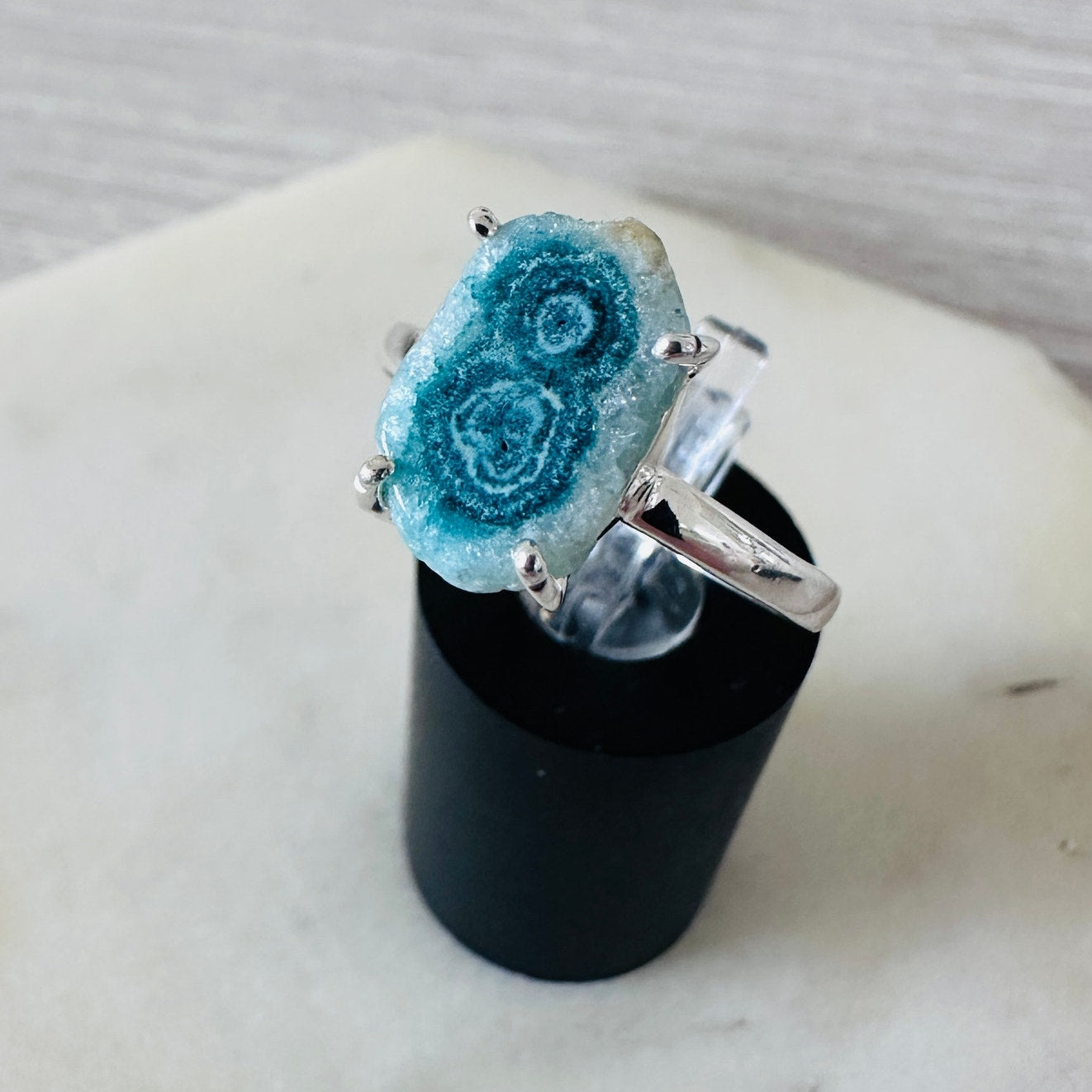 Sterling Silver Mediterranean Green Quartz Stalacitite Slice Ring