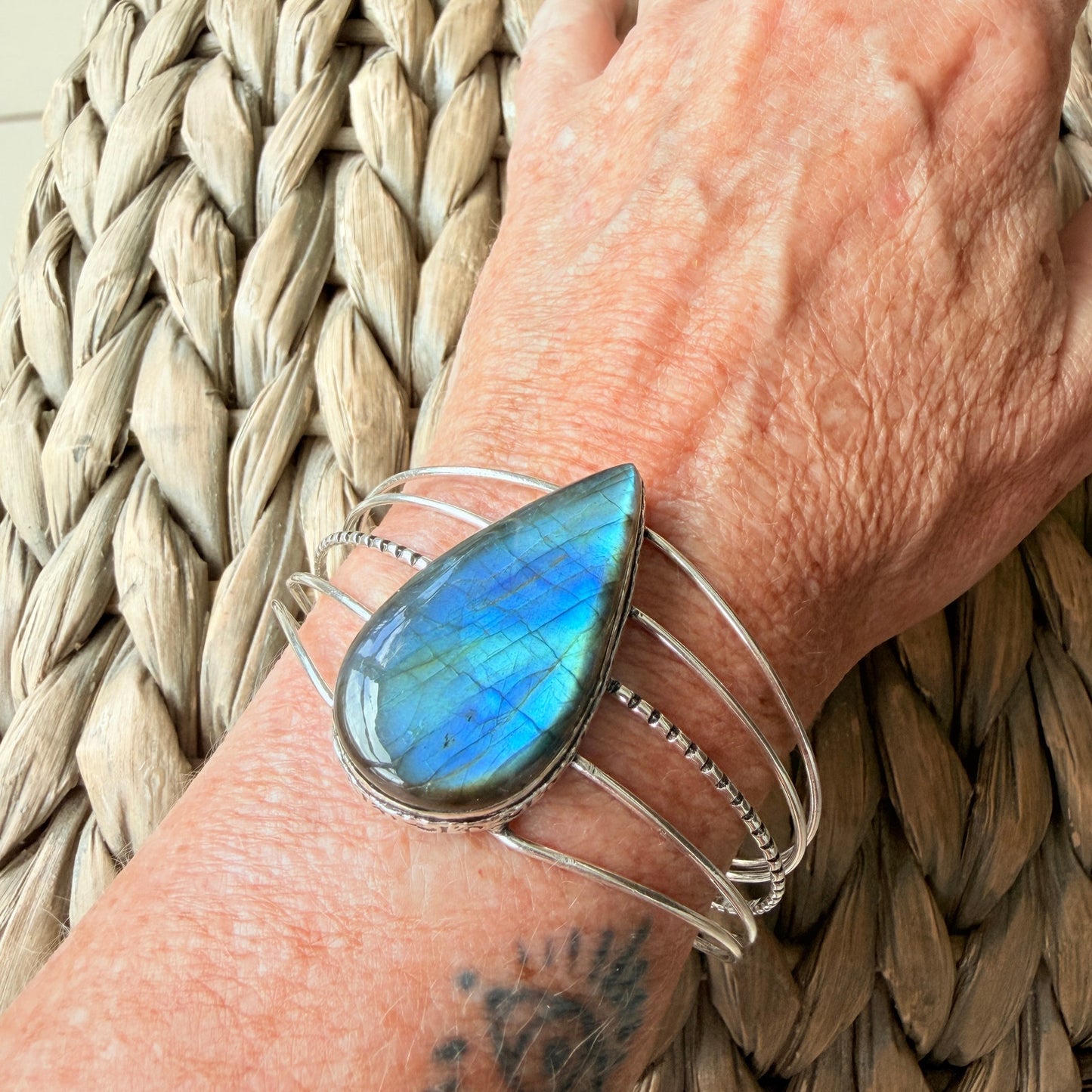 Large Labradorite Cuff Bracelet Silver Plated Blue Flash Adjustable