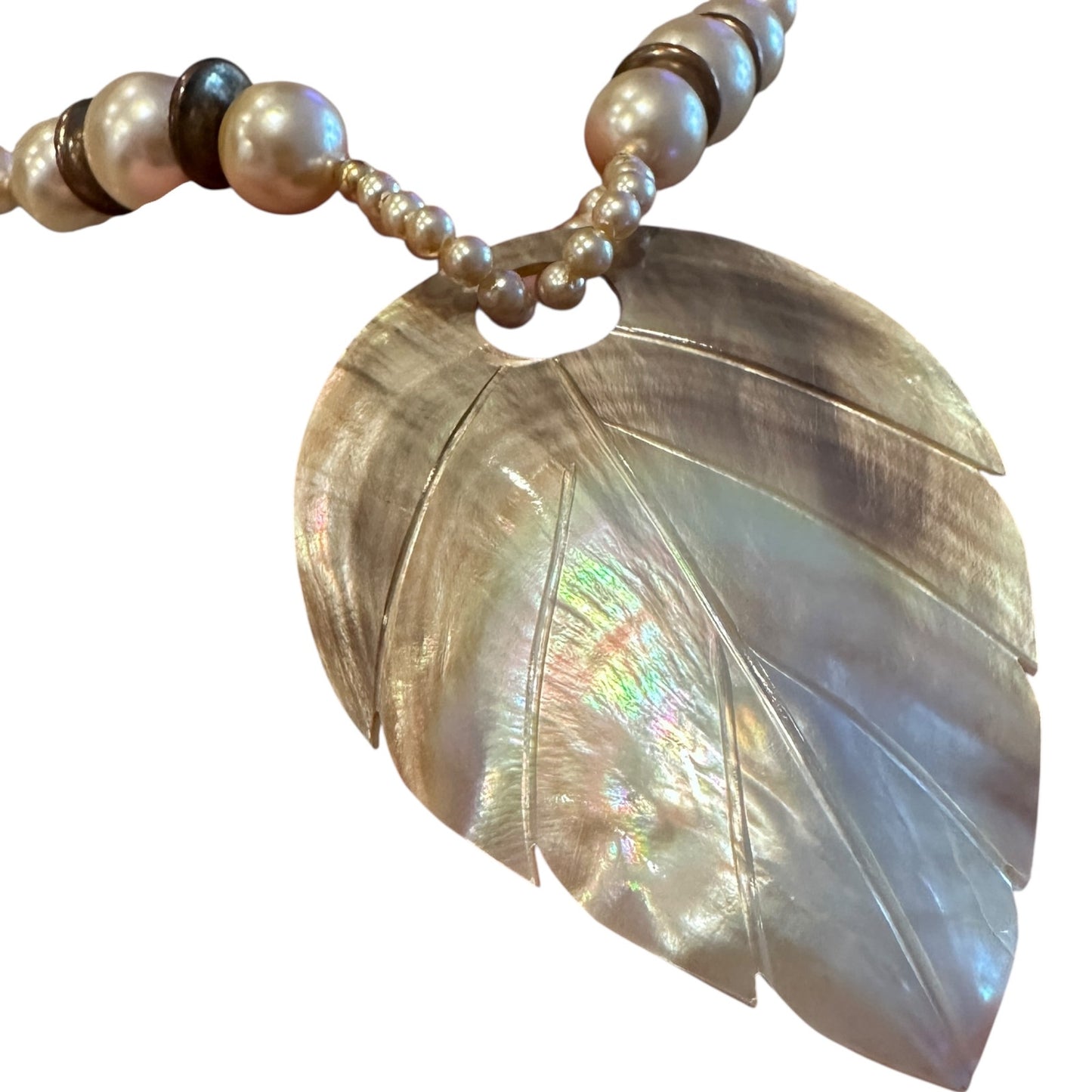 Vintage Mother of Pearl Leaf Pendant Necklace-Beaded