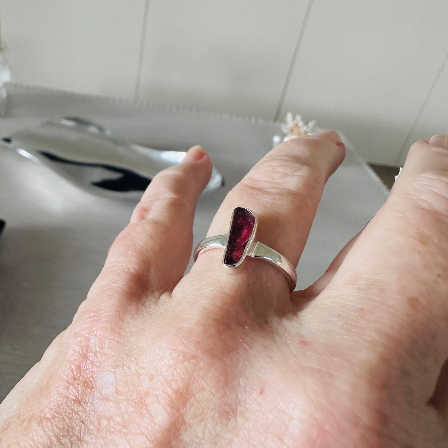 Natural Pink Tourmaline Crystal Sterling Silver Ring