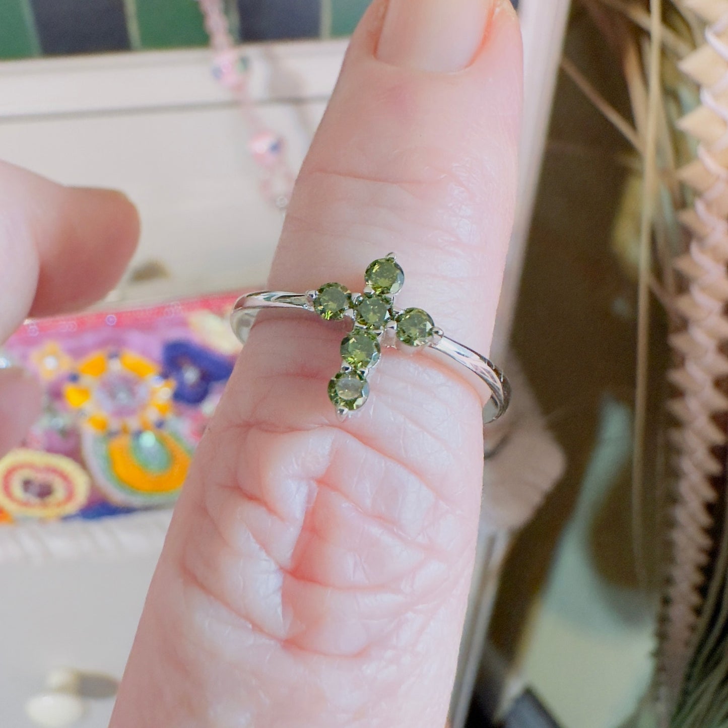 Sterling Silver Cross Green CZ Ring