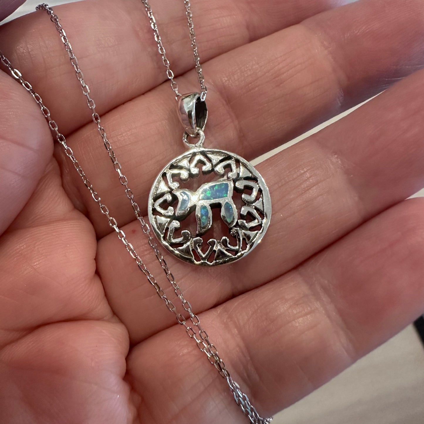 Sterling Silver Chai Pendant Necklace with Opal Inlay and Filigree Design