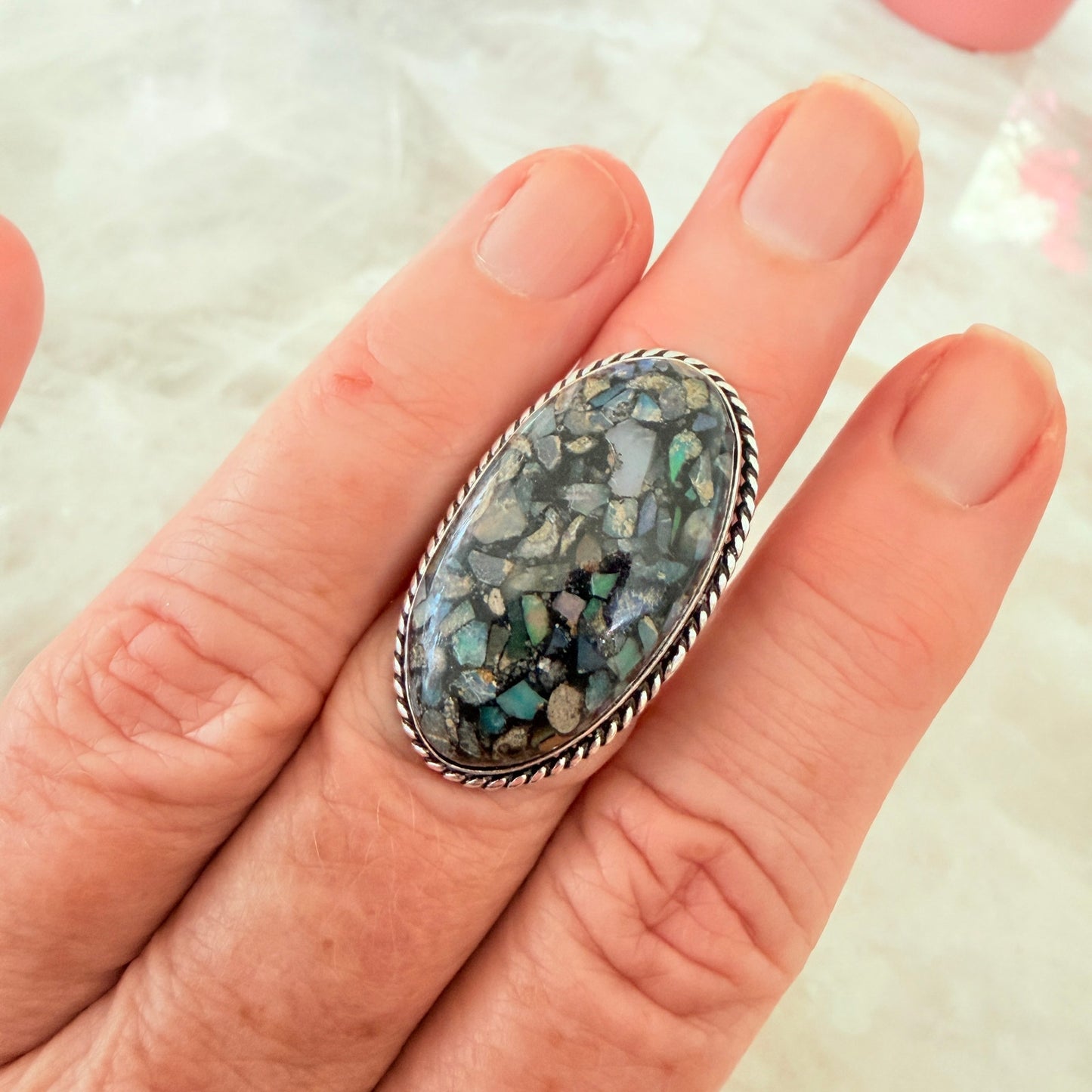 Ethiopian Opal Chip Inlay 925 Silver Plated Ring