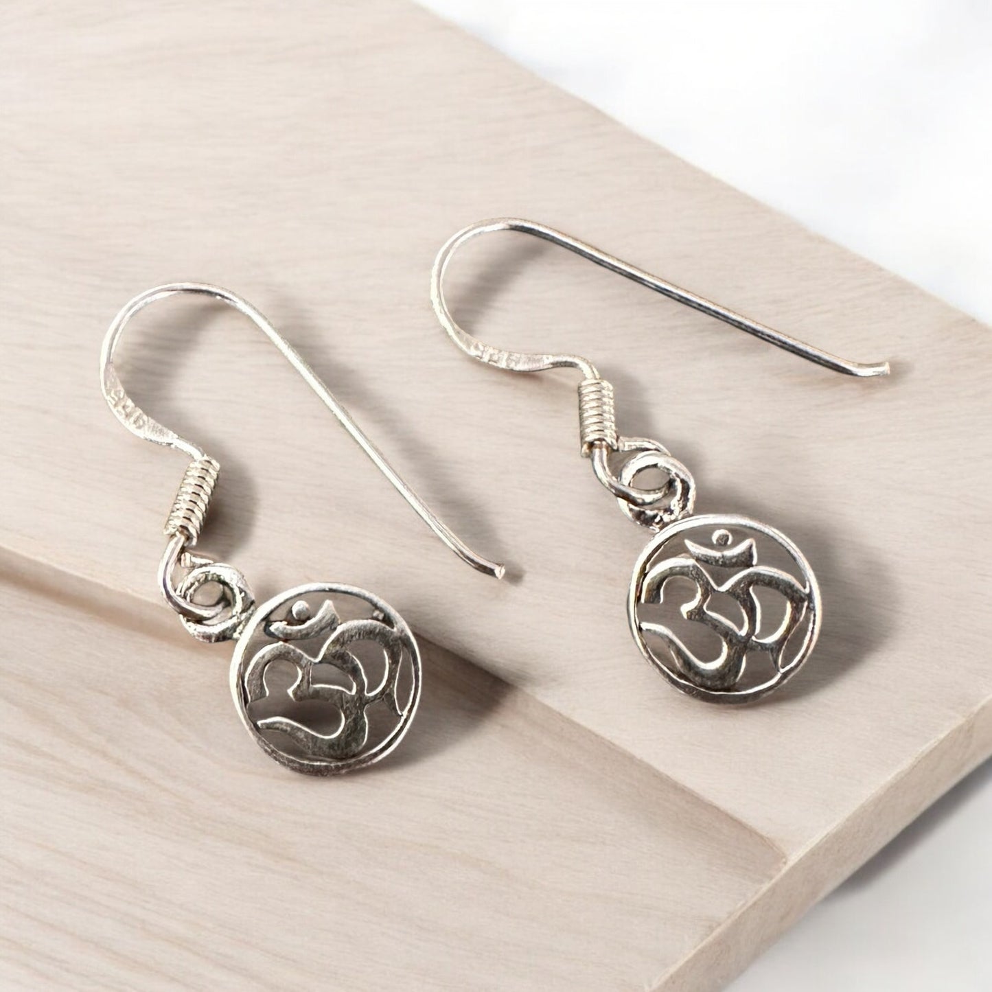 Sterling Silver Om Drop Earrings, Om Dangle Earrings