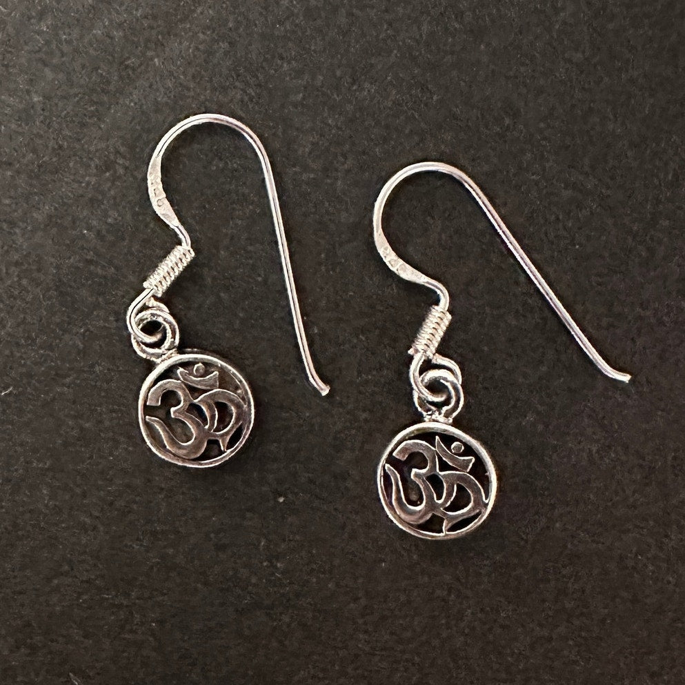 Sterling Silver Om Drop Earrings, Om Dangle Earrings