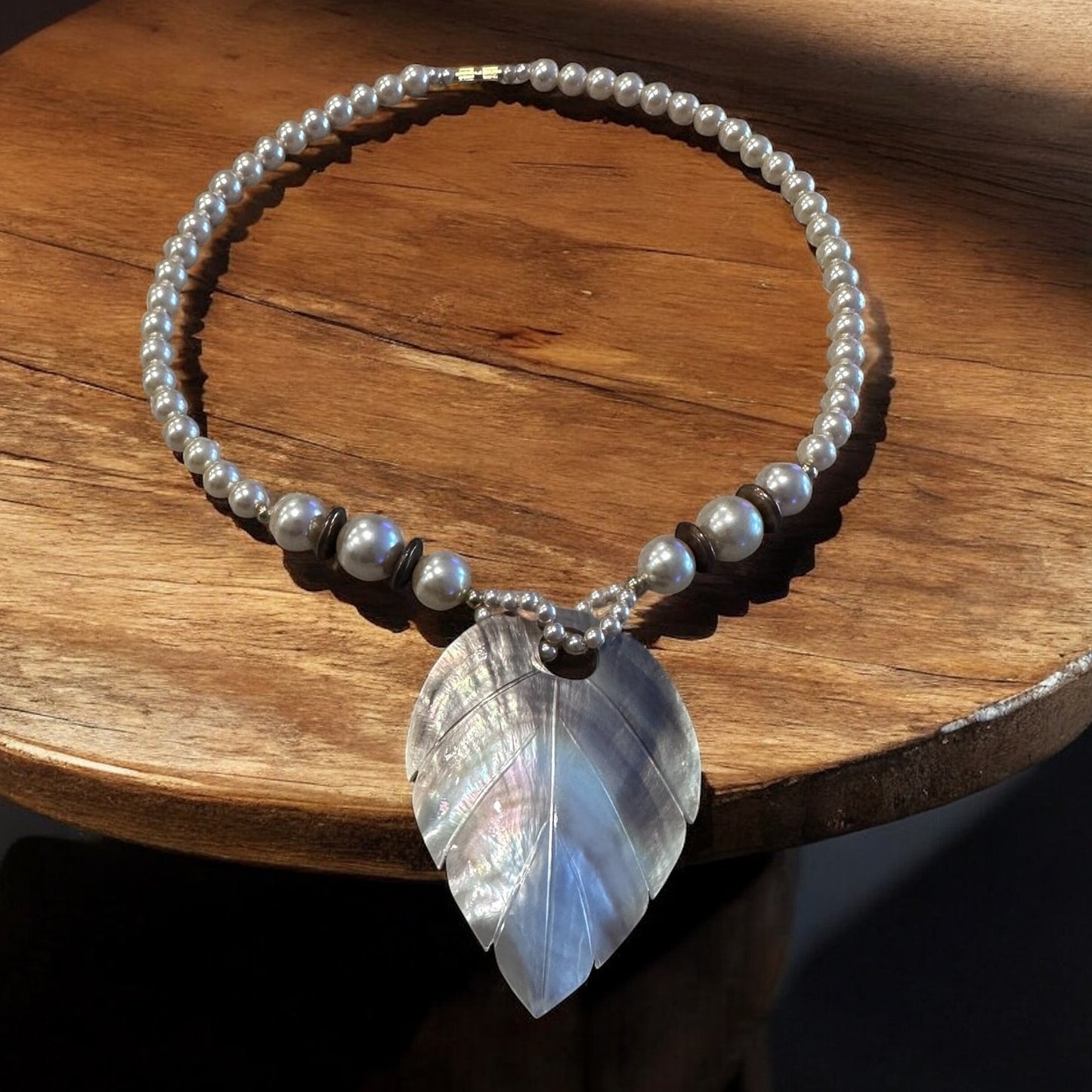 Vintage Mother of Pearl Leaf Pendant Necklace-Beaded