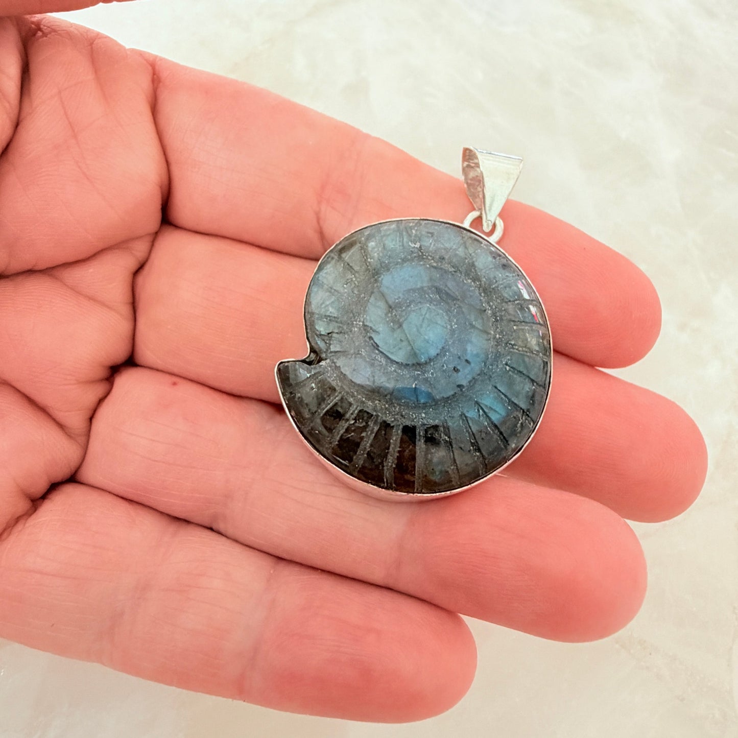 Carved Labradorite Ammonite Pendant 925 Silver Plated