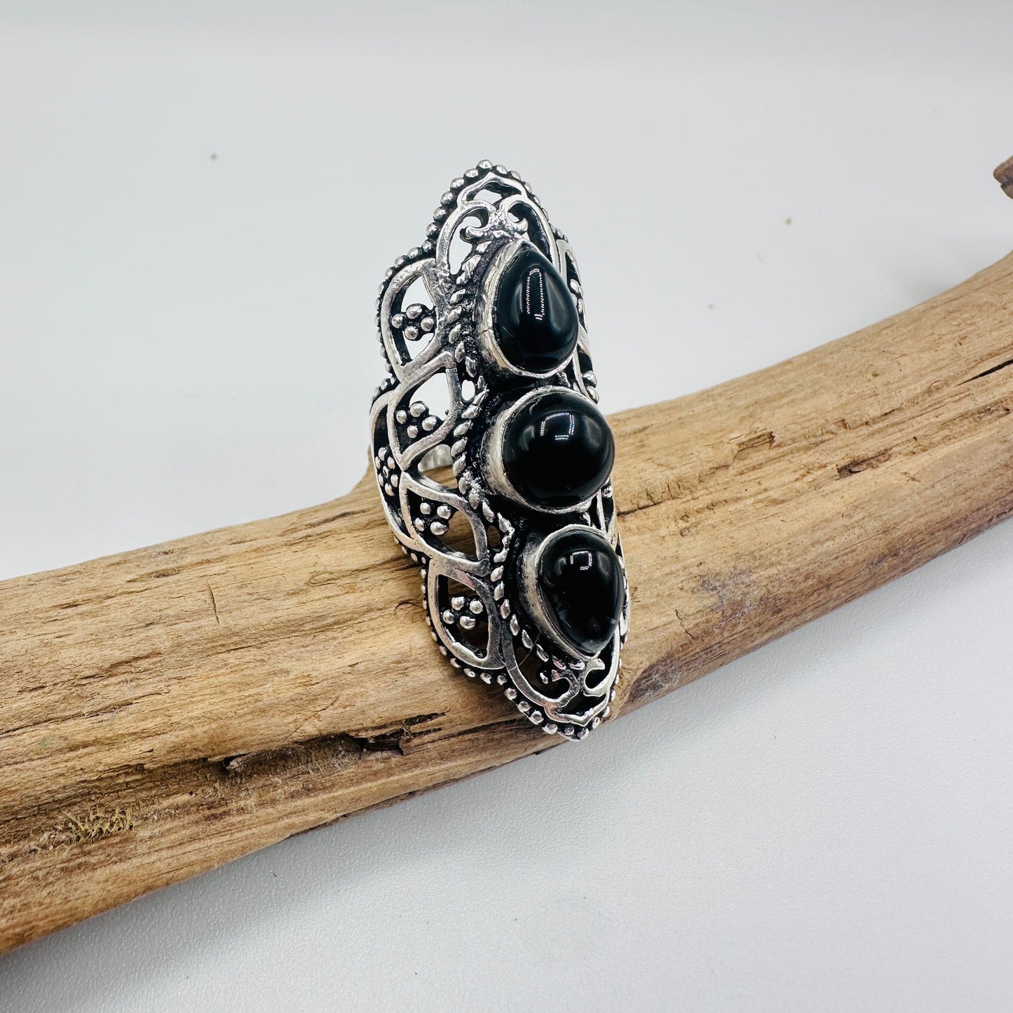 Black Onyx Sterling Silver Plated Ring – Size 7, Ornate Four-Stone Statement Design, Gemstone Ring