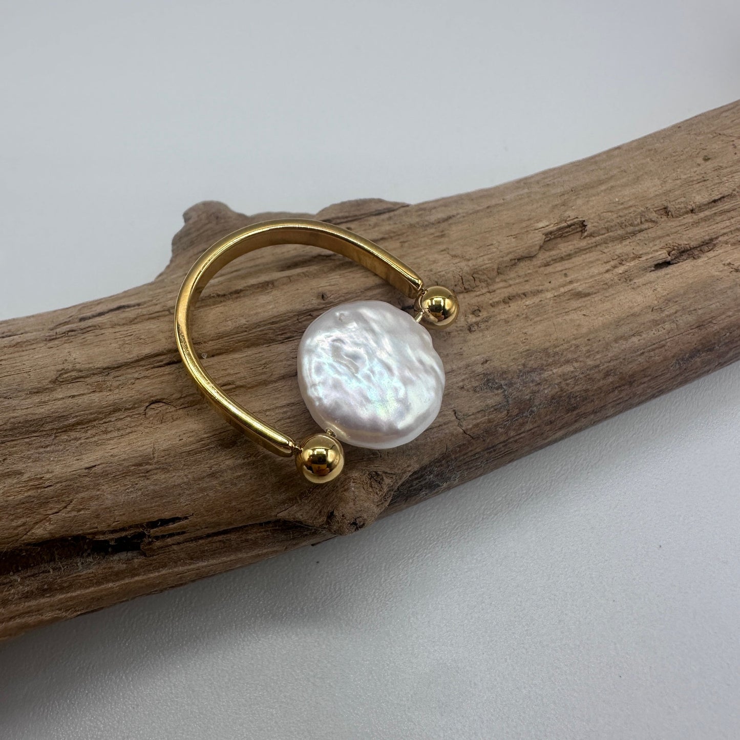 18K Gold Baroque Pearl Ring – Non-Tarnish Stainless Steel, Size 7