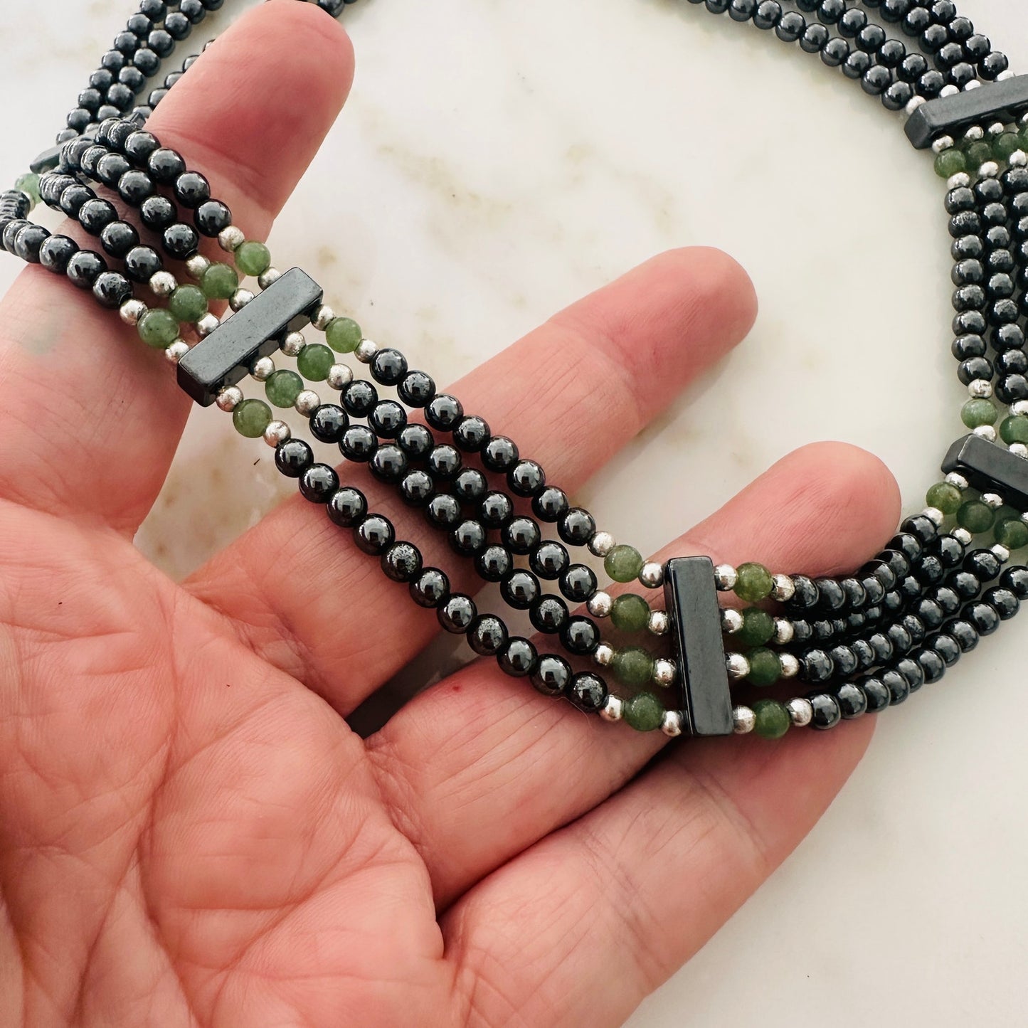 Vintage Hematite & Green Beaded Statement Necklace