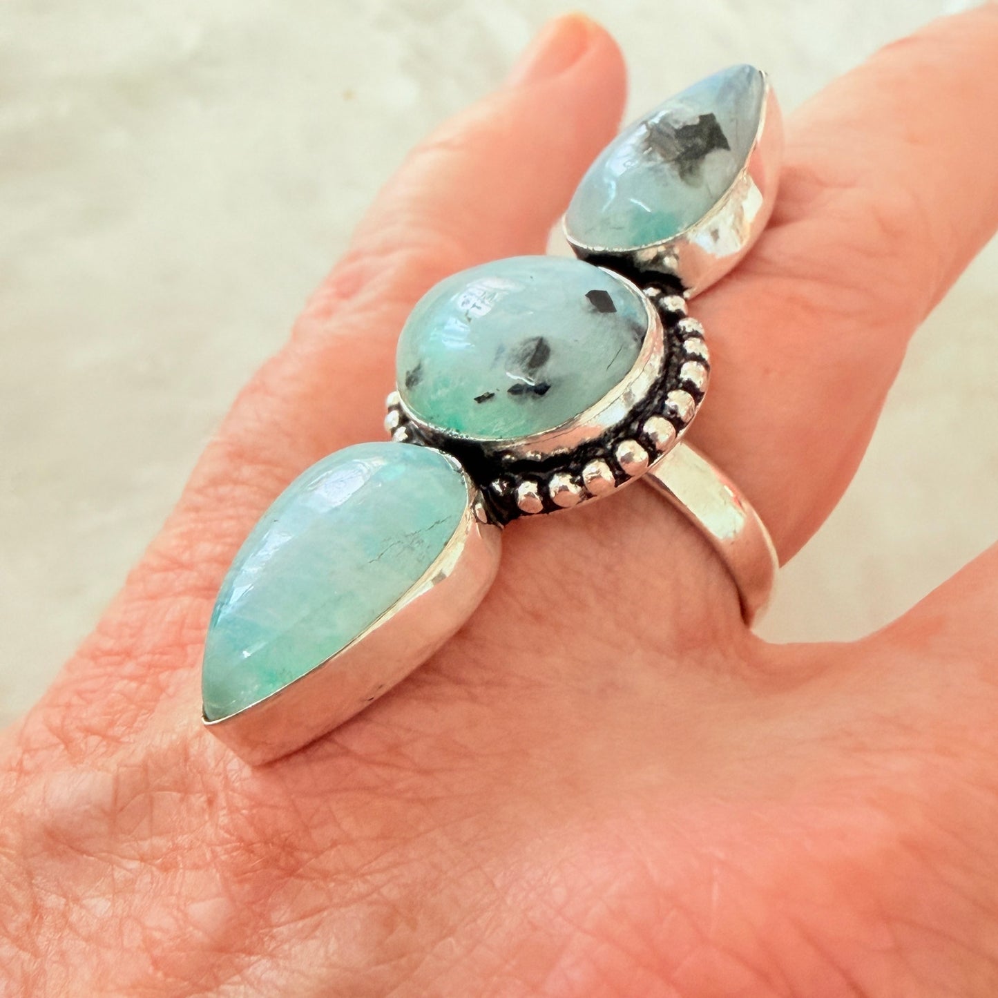 Rainbow Moonstone 3 Stone Statement Ring 925 Silver Overlay