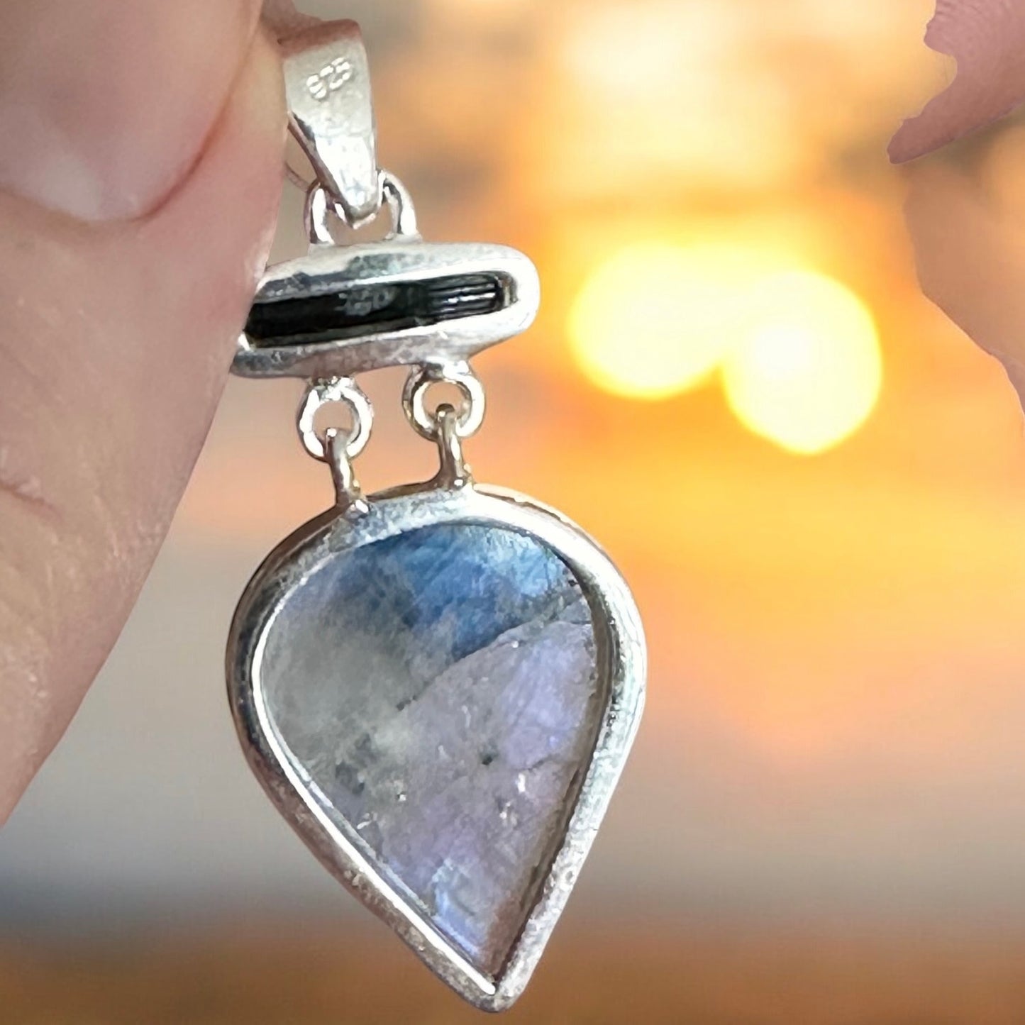 Sterling Silver Natural Black Tourmaline In Rainbow Moonstone Pendant
