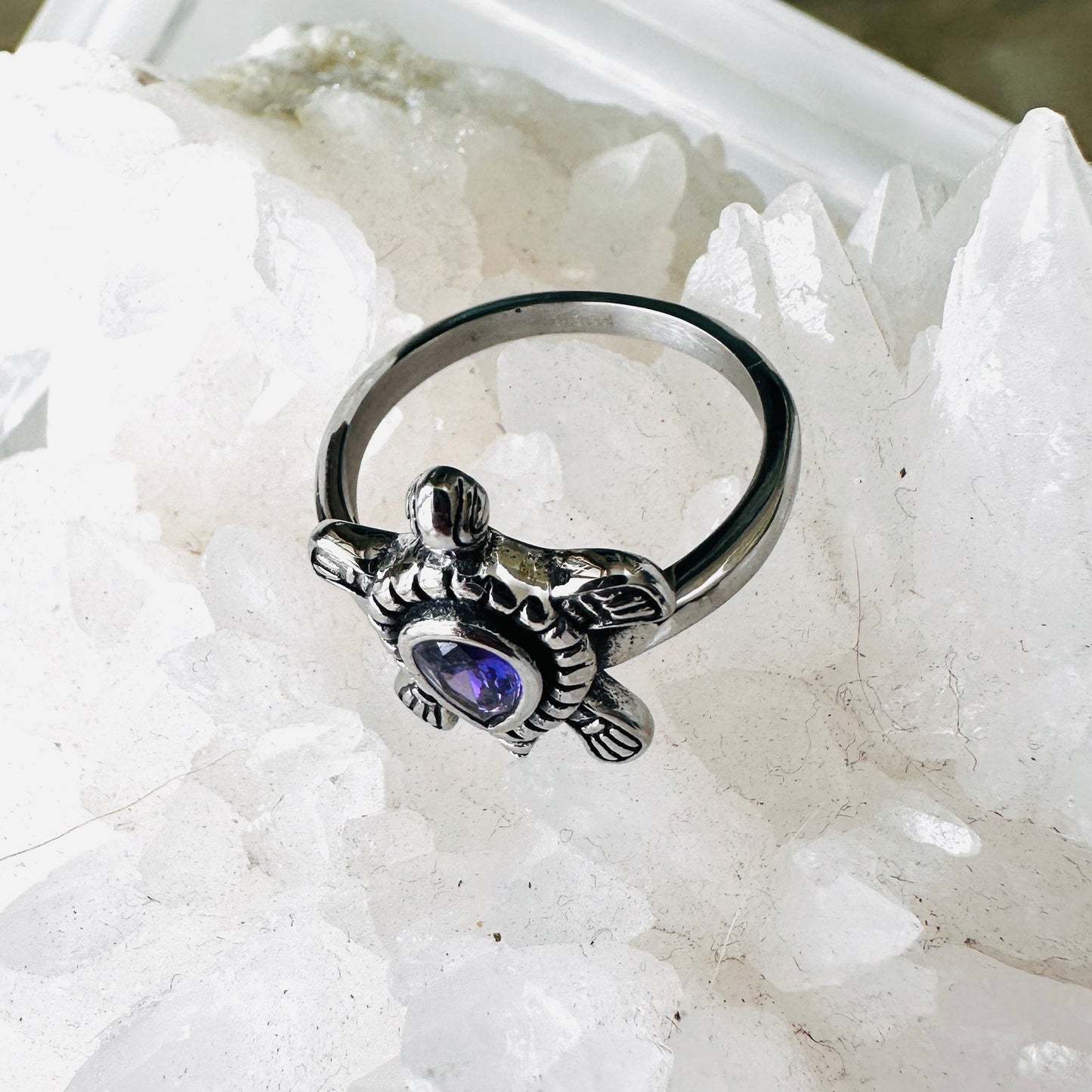 Stainless Steel Turtle Ring With Amethyst CZ