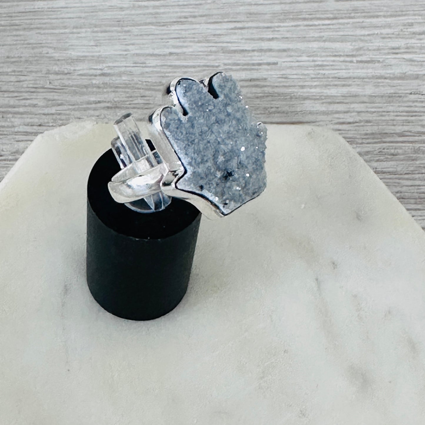 Hamsa Agate Druzy Sterling Silver Ring – Size 8, 925 Natural Stone