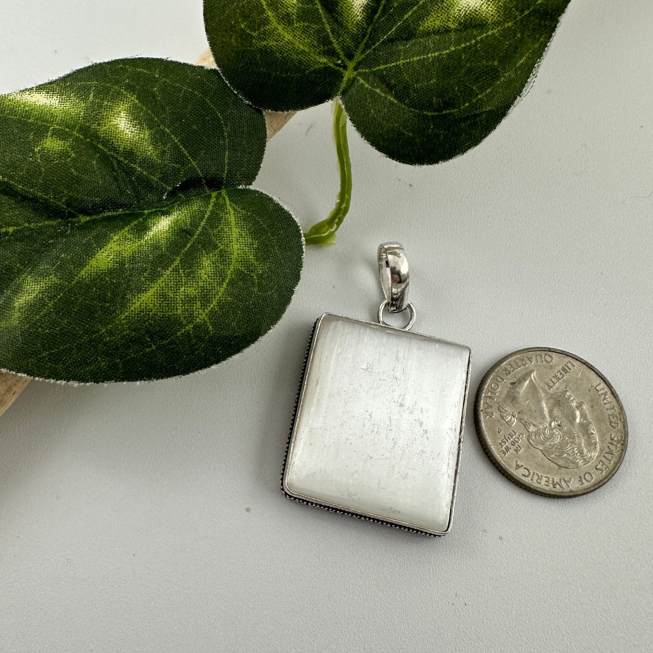 Natural Selenite Pendant 925 Sterling Silver Overlay