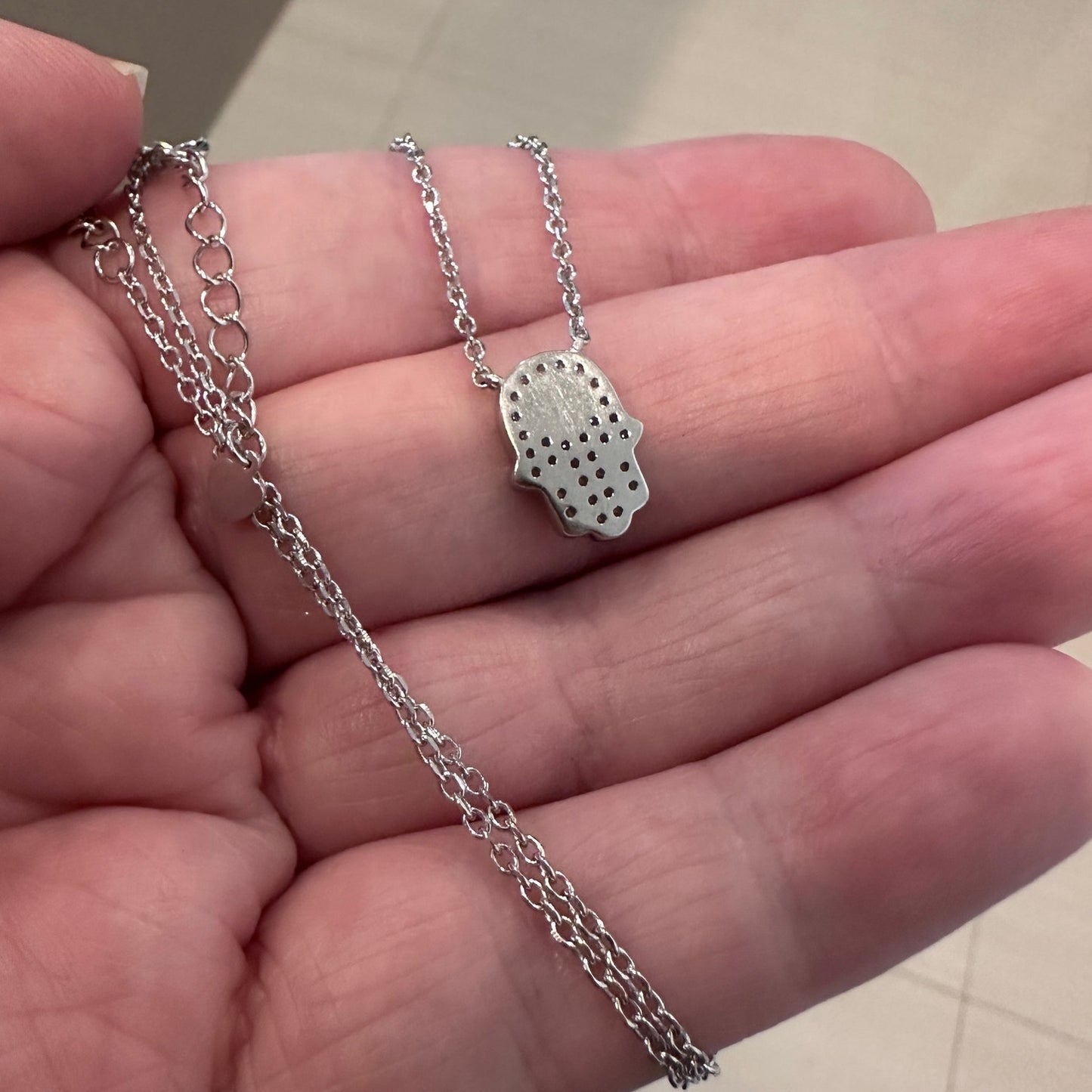 Sterling Silver Hamsa CZ Necklace with Evil Eye, Minimalist, Protection