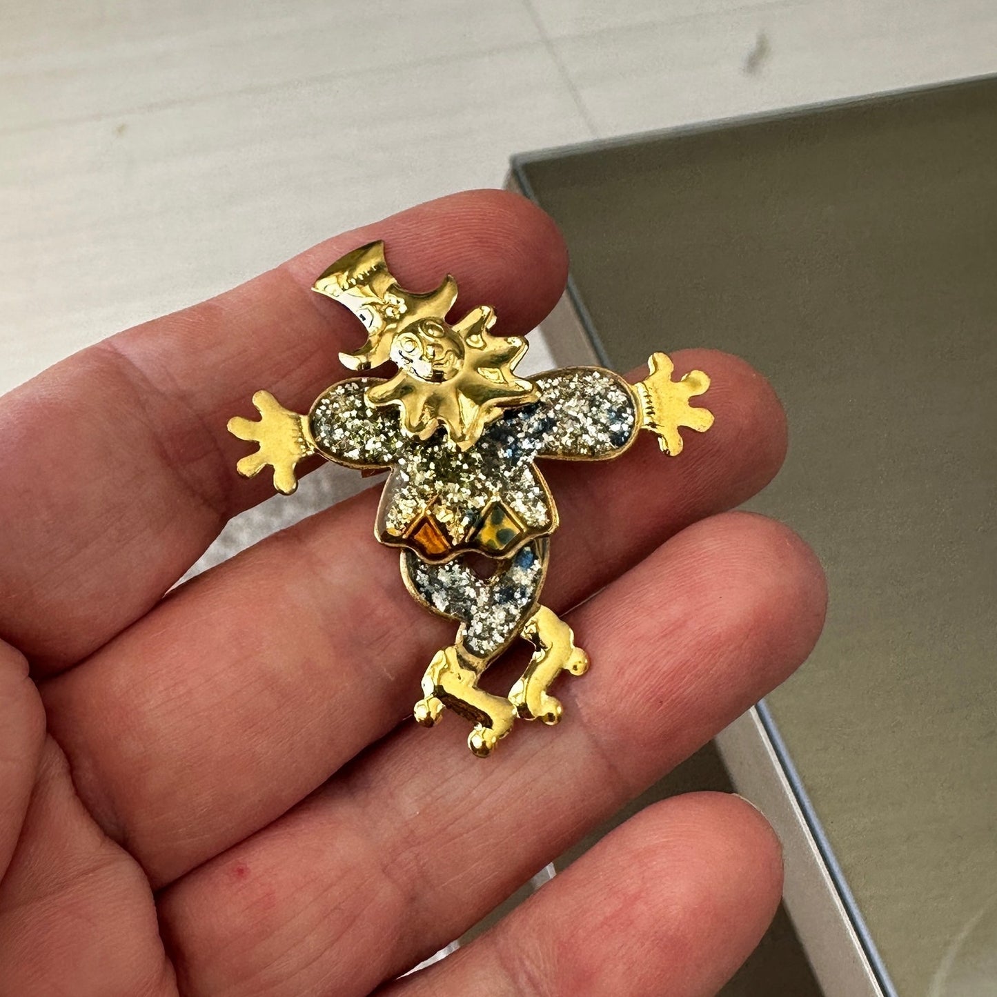 Vintage Harlequin Moveable Clown Brooch-Moveable Limbs, Enamel Glitter