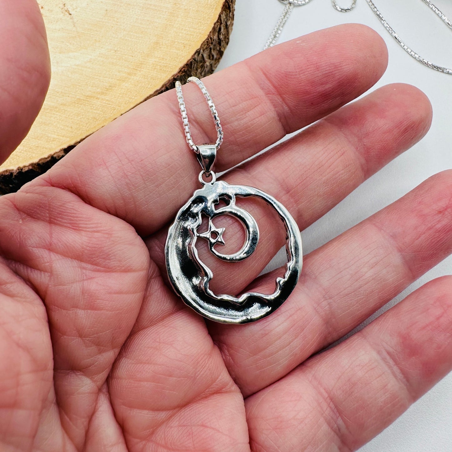 Sterling Silver Moon Goddess Necklace-Crescent Moon & Star Pendant