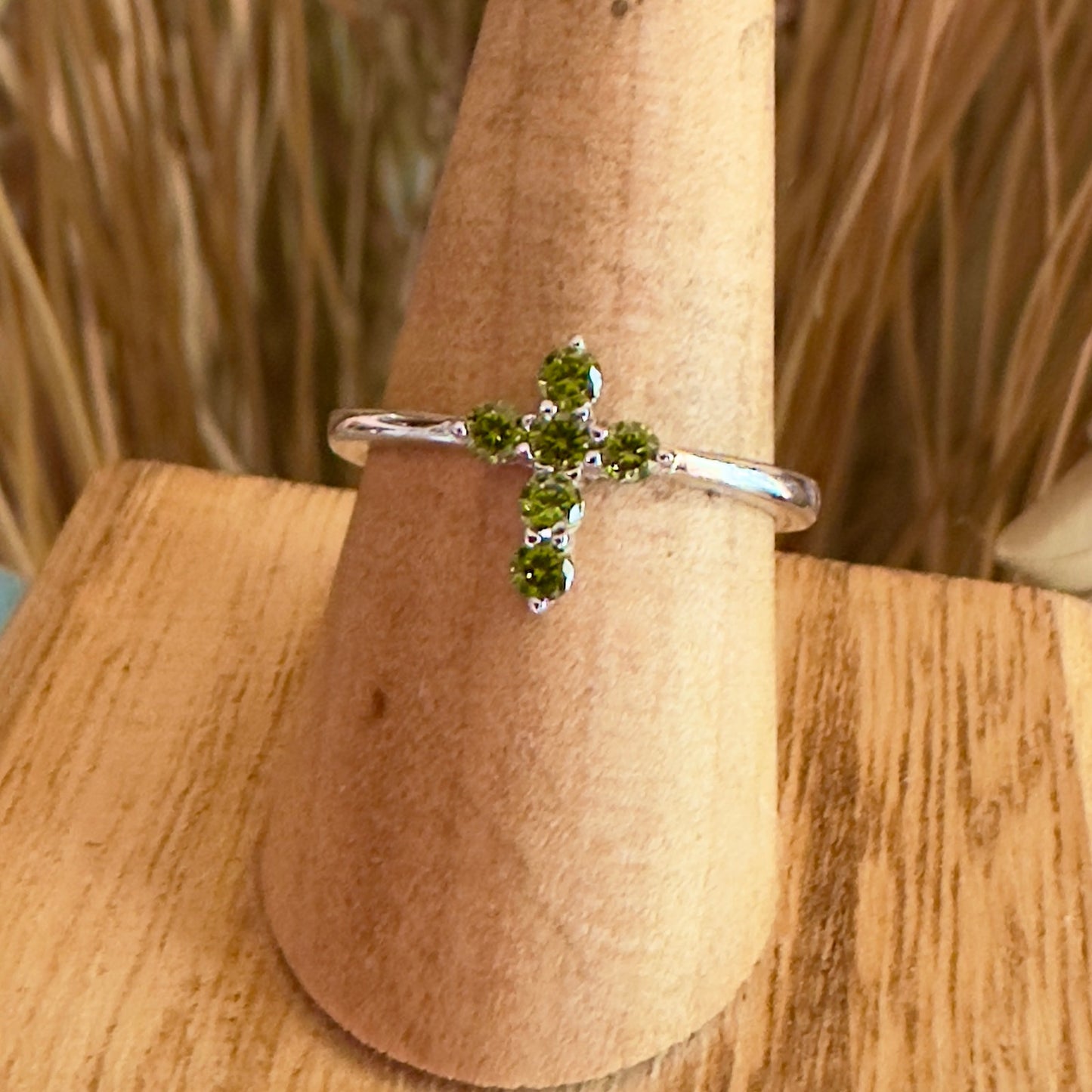 Sterling Silver Cross Green CZ Ring