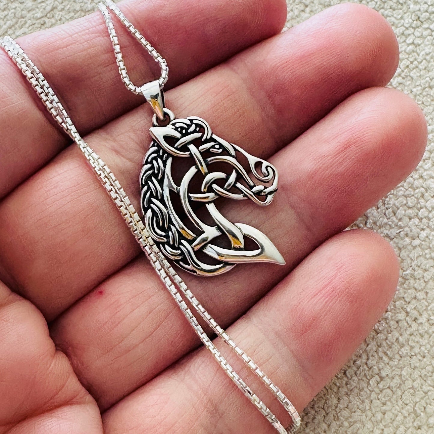 Sterling Silver Celtic Horse Pendant Necklace-18" Box Chain