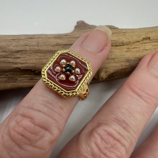 18K Retro Pearl Flower Ring-Adjustable