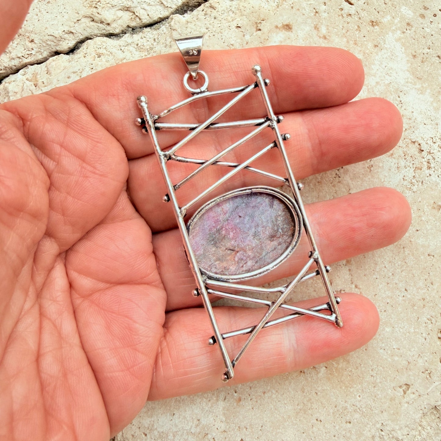 Cobalt Calcite Abstract Pendant 925 Silver Overlay Boho Statement