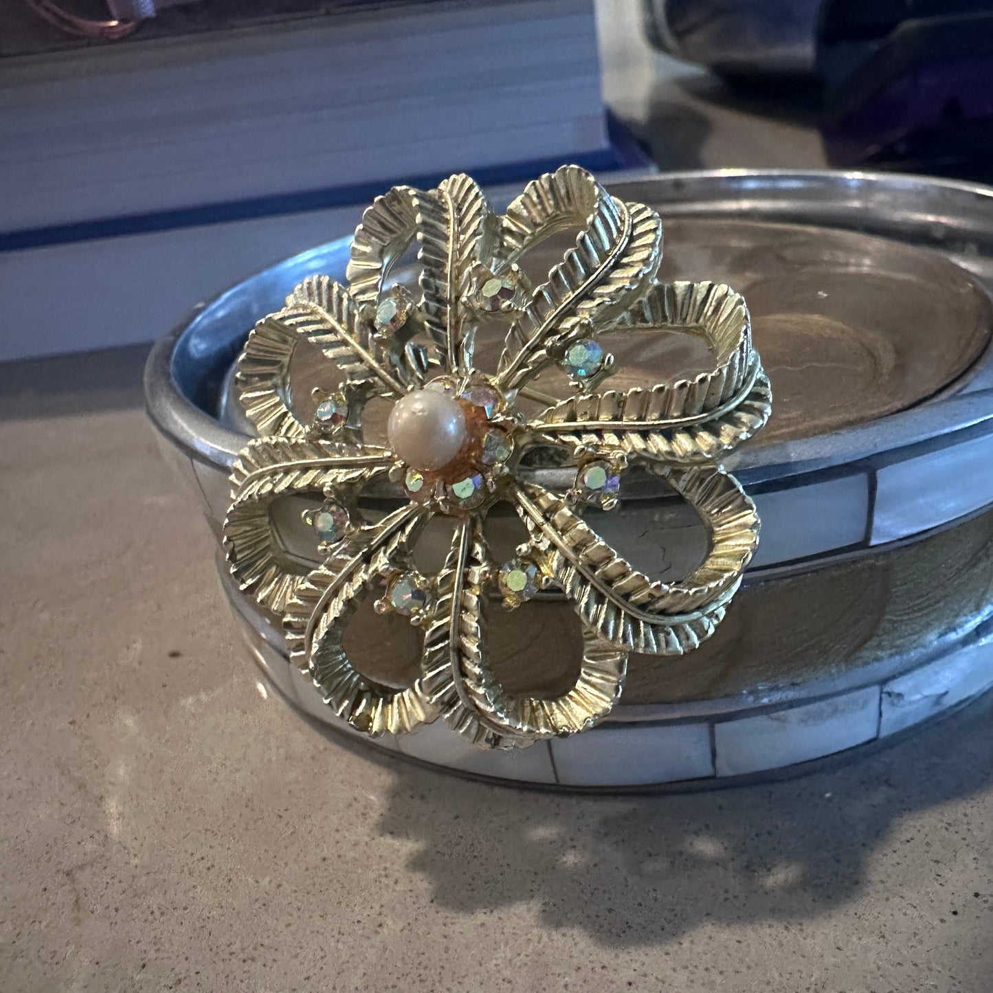 Vintage Gold Tone Filigree Flower Brooch w/ Faux Pearl & Rhinestones