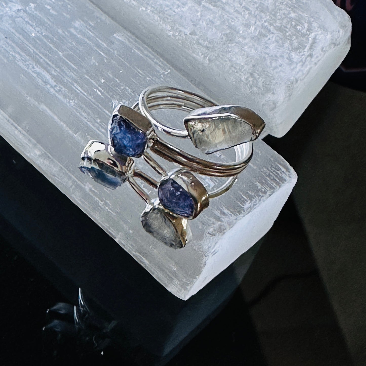 Natural Tanzanite Crystal & Moonstone Rough Sterling Silver Ring