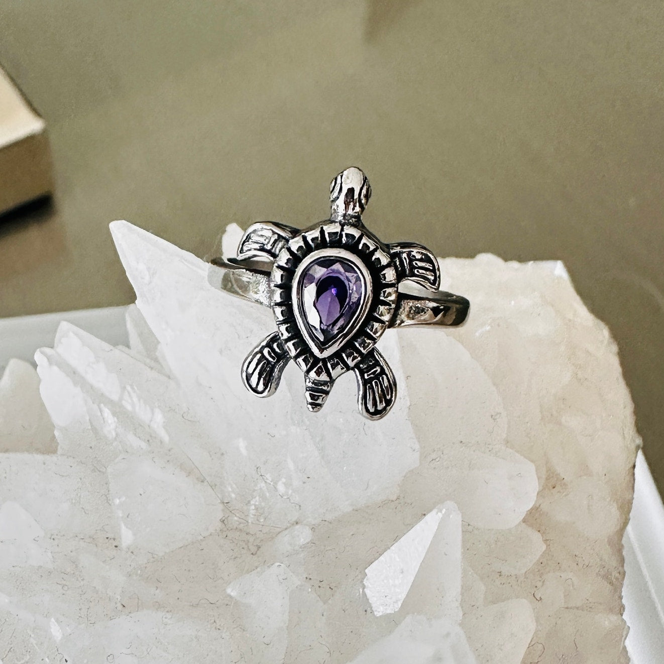 Stainless Steel Turtle Ring With Amethyst CZ