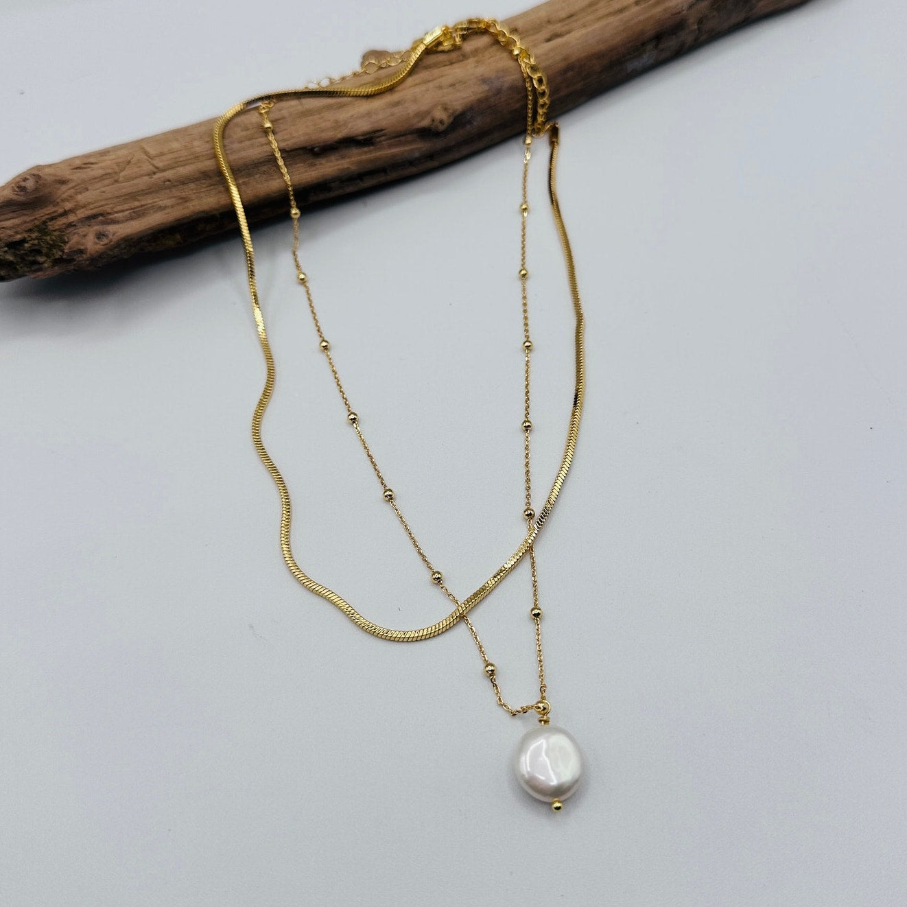 18K Gold Layered Pearl Chain Necklace