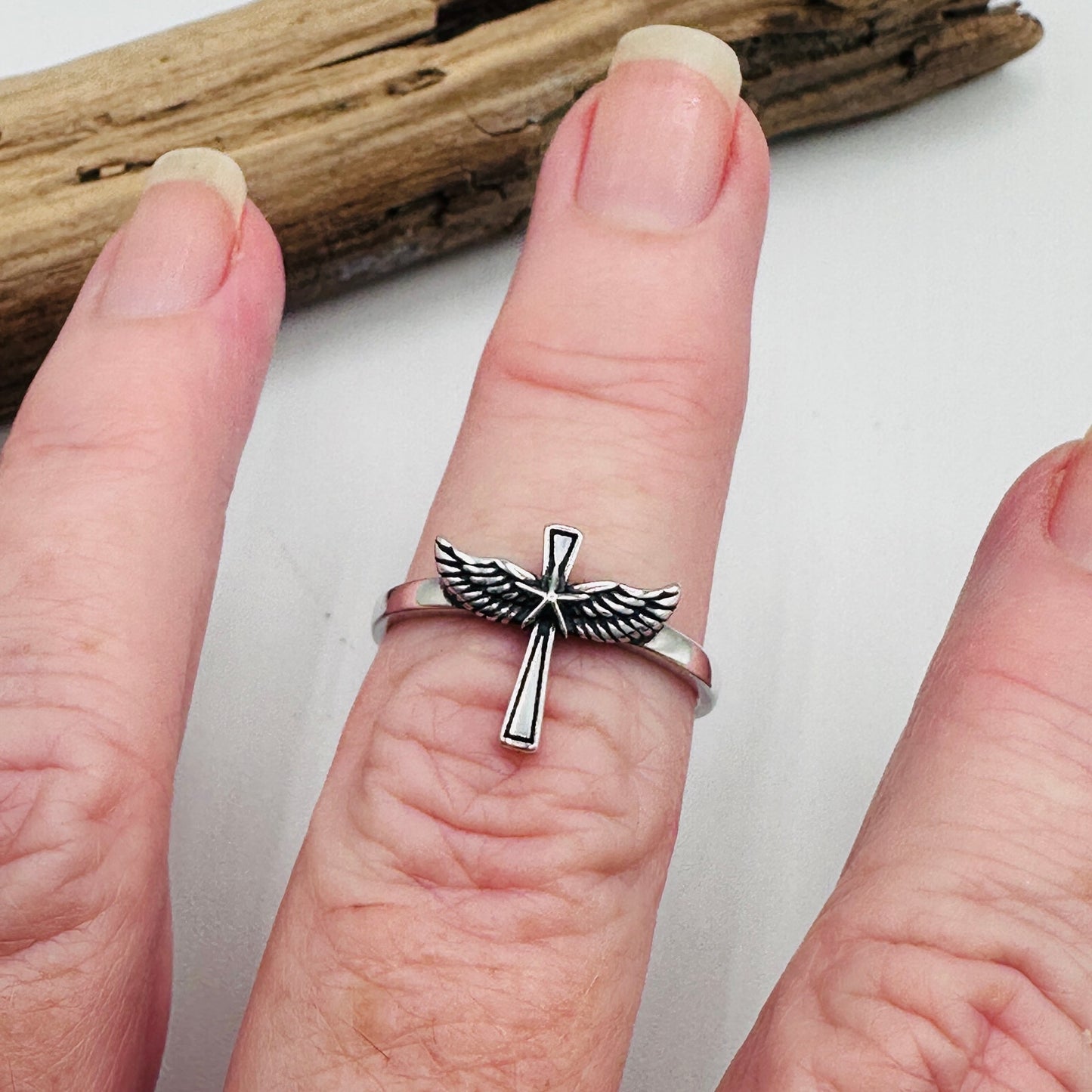 Cross With Wings Sterling Silver Ring