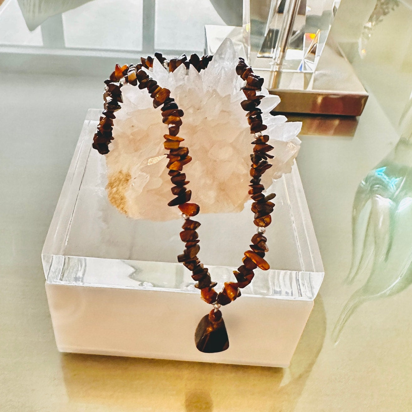 Vintage Tiger’s Eye Gemstone Necklace – Boho Earthy Statement Piece
