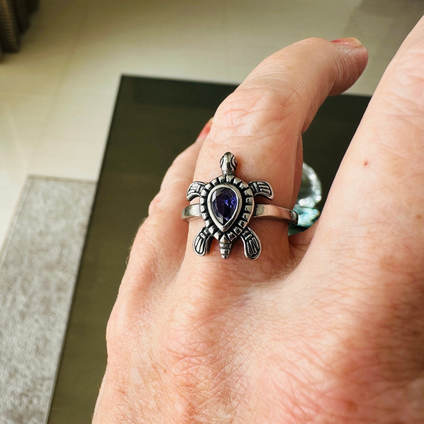 Stainless Steel Turtle Ring With Amethyst CZ