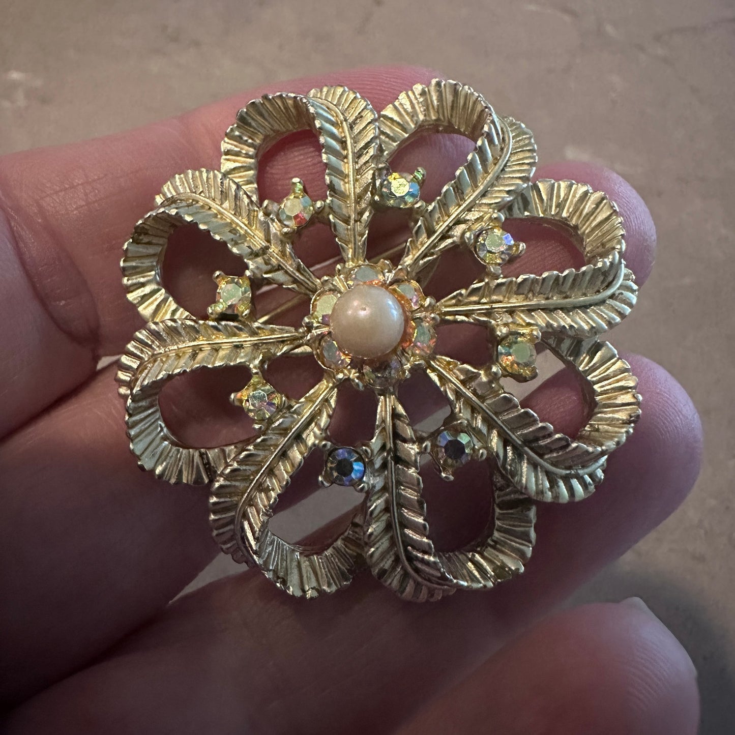 Vintage Gold Tone Filigree Flower Brooch w/ Faux Pearl & Rhinestones