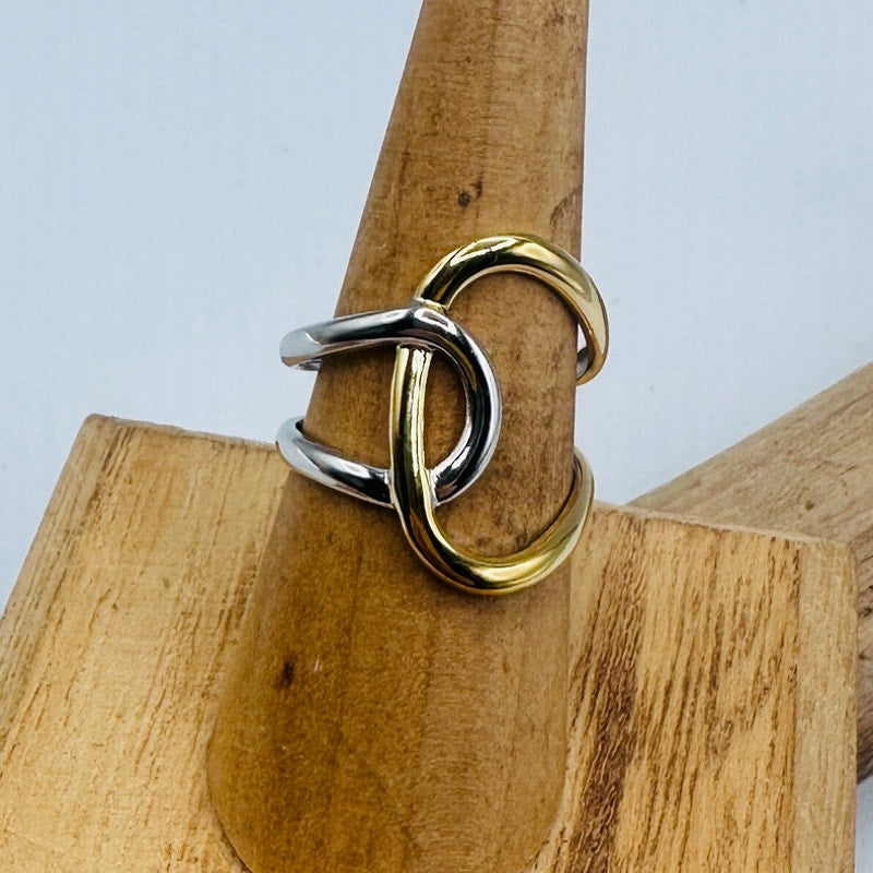18K Gold Non-Tarnish Abstract Two Tone Ring Size 7 (Adjustable)