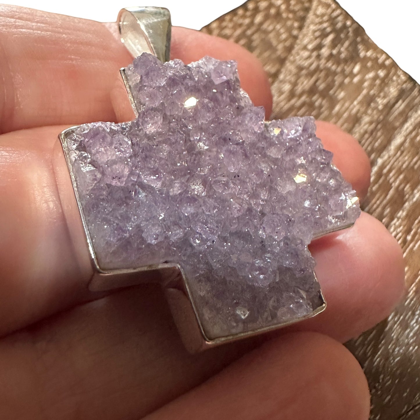 925 Sterling Silver Amethyst Druzy Cross Pendant