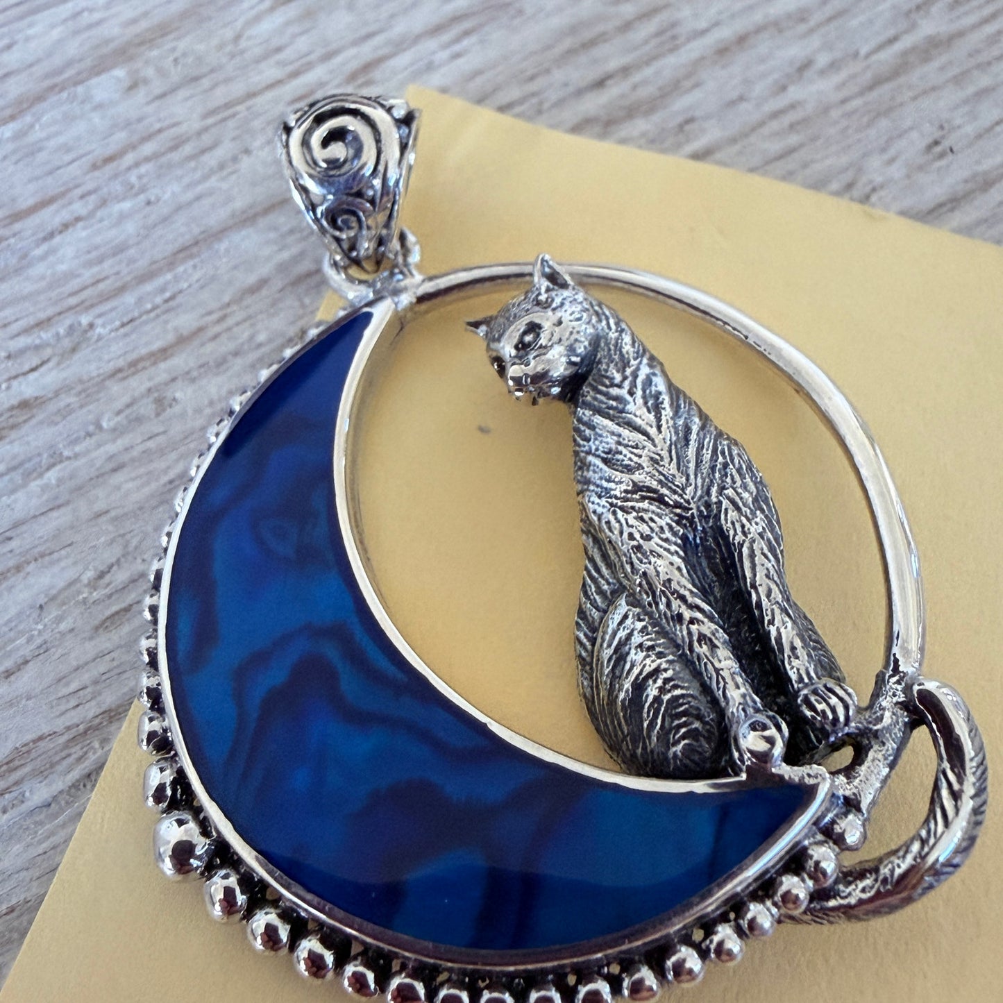 Cat in Crescent Moon Pendant 925 Sterling Silver Blue Shell Inlay