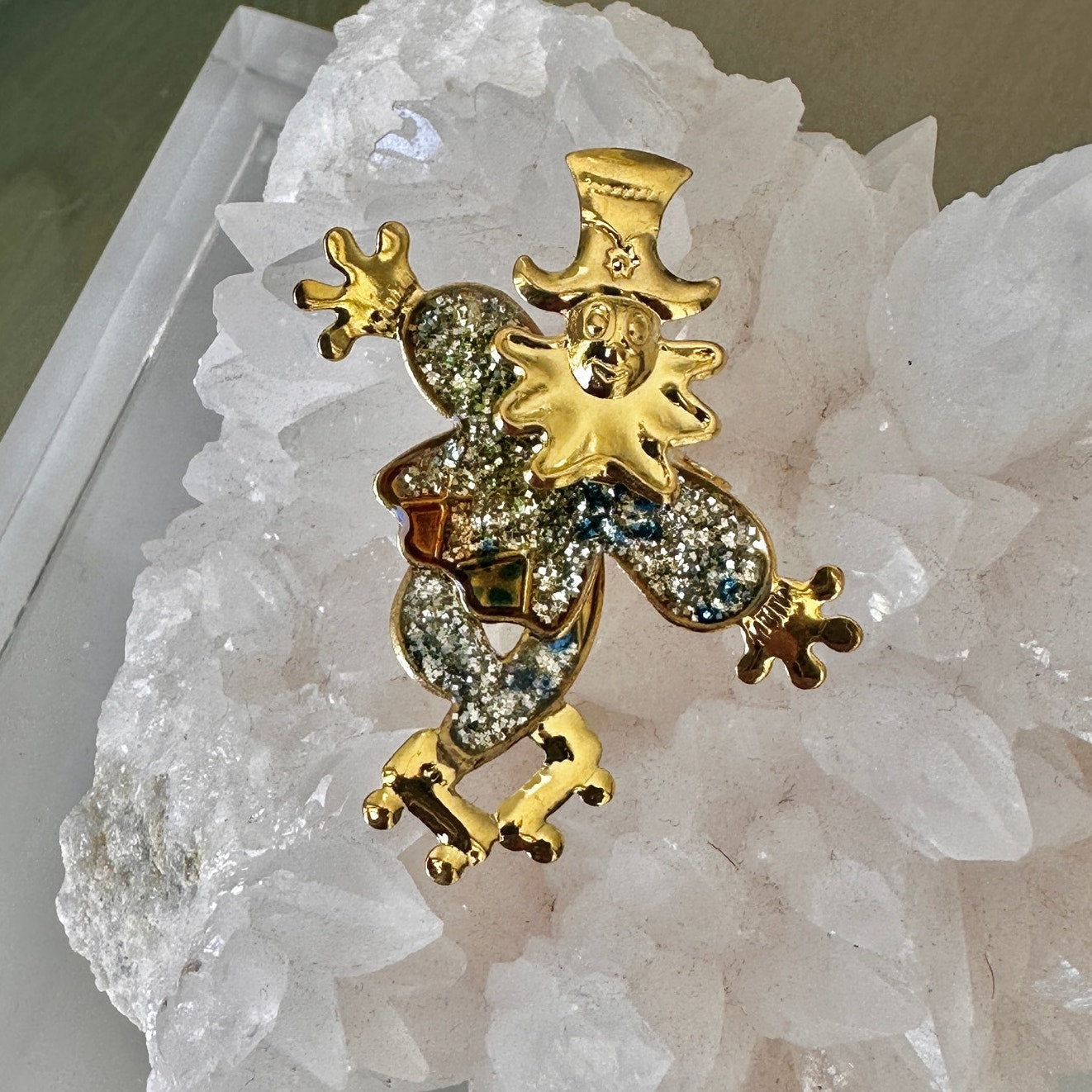 Vintage Harlequin Moveable Clown Brooch-Moveable Limbs, Enamel Glitter