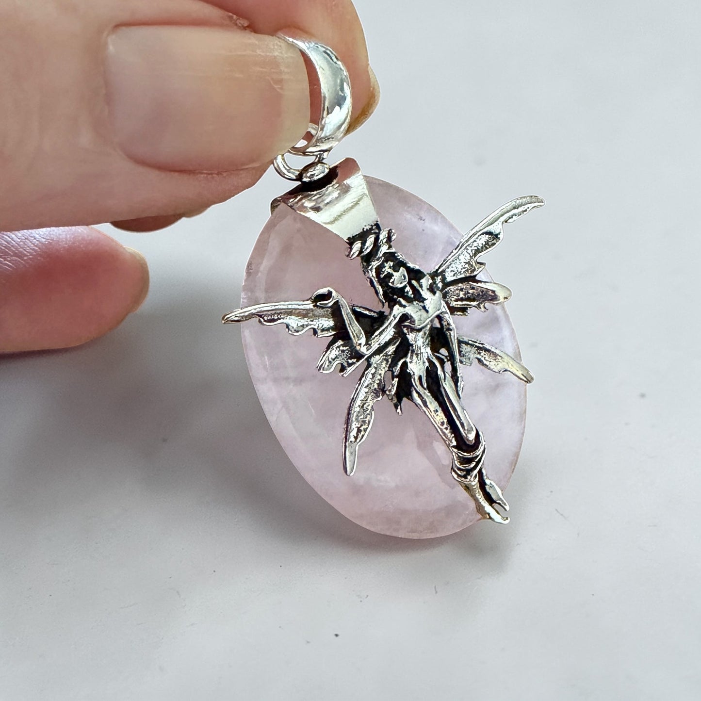 Fairy Rose Quartz Pendant Sterling Silver Overlay 2"