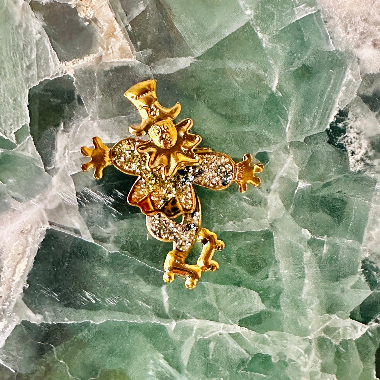 Vintage Harlequin Moveable Clown Brooch-Moveable Limbs, Enamel Glitter