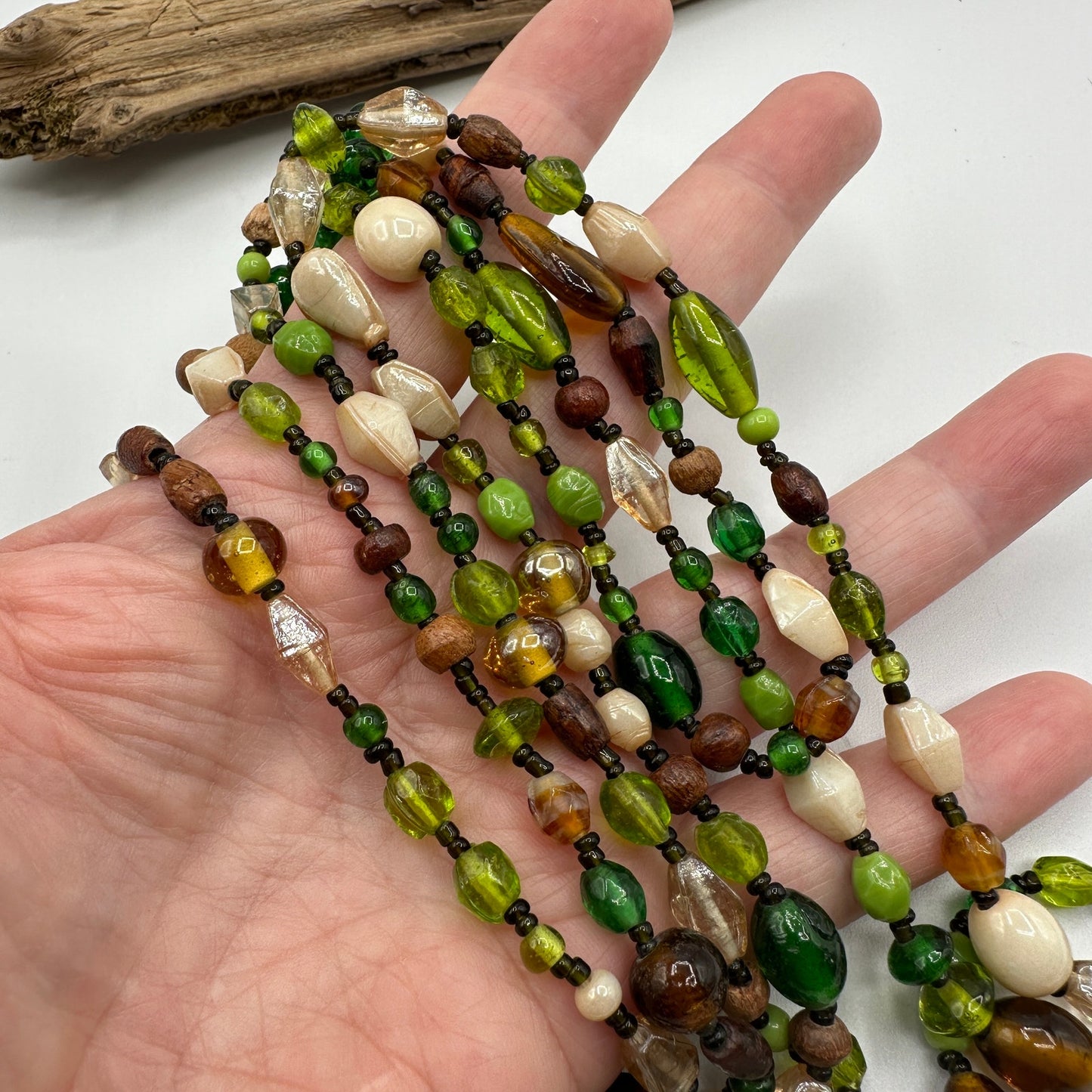 70s Vintage Multi Colored Glass & Wood Bead 60 inch Necklace