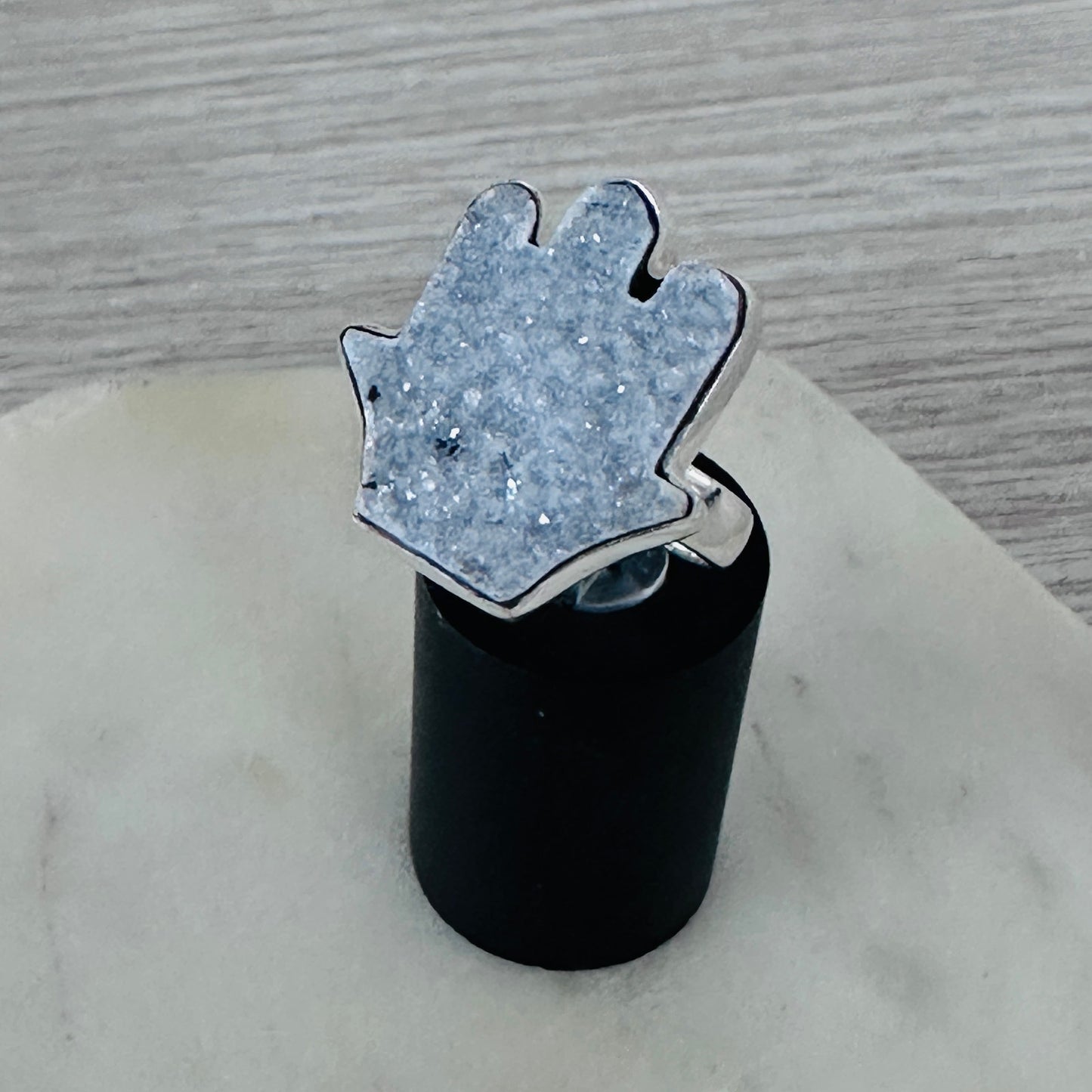 Hamsa Agate Druzy Sterling Silver Ring – Size 8, 925 Natural Stone