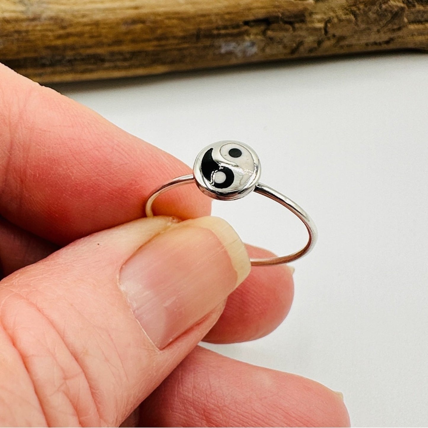 Sterling Silver Yin and Yang Minimalist Stone Ring, Yoga Ring, Boho Ring