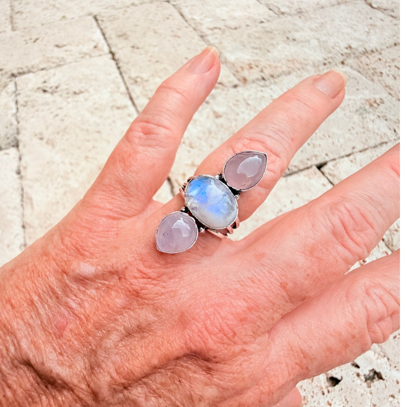 Rainbow Moonstone & Rose Quartz 925 Silver Overlay Ring Size 8