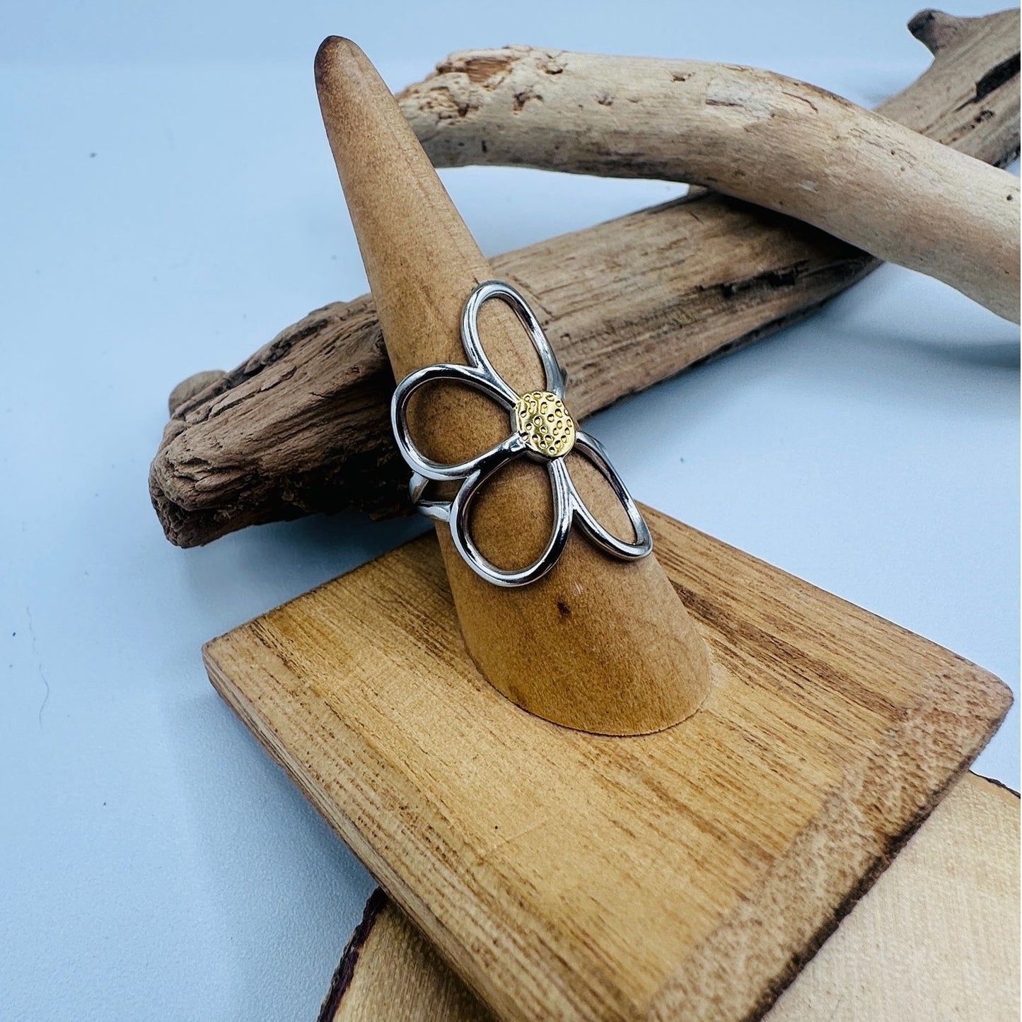 Silver & Gold Flower Statement Ring- Stainless Steel 18K