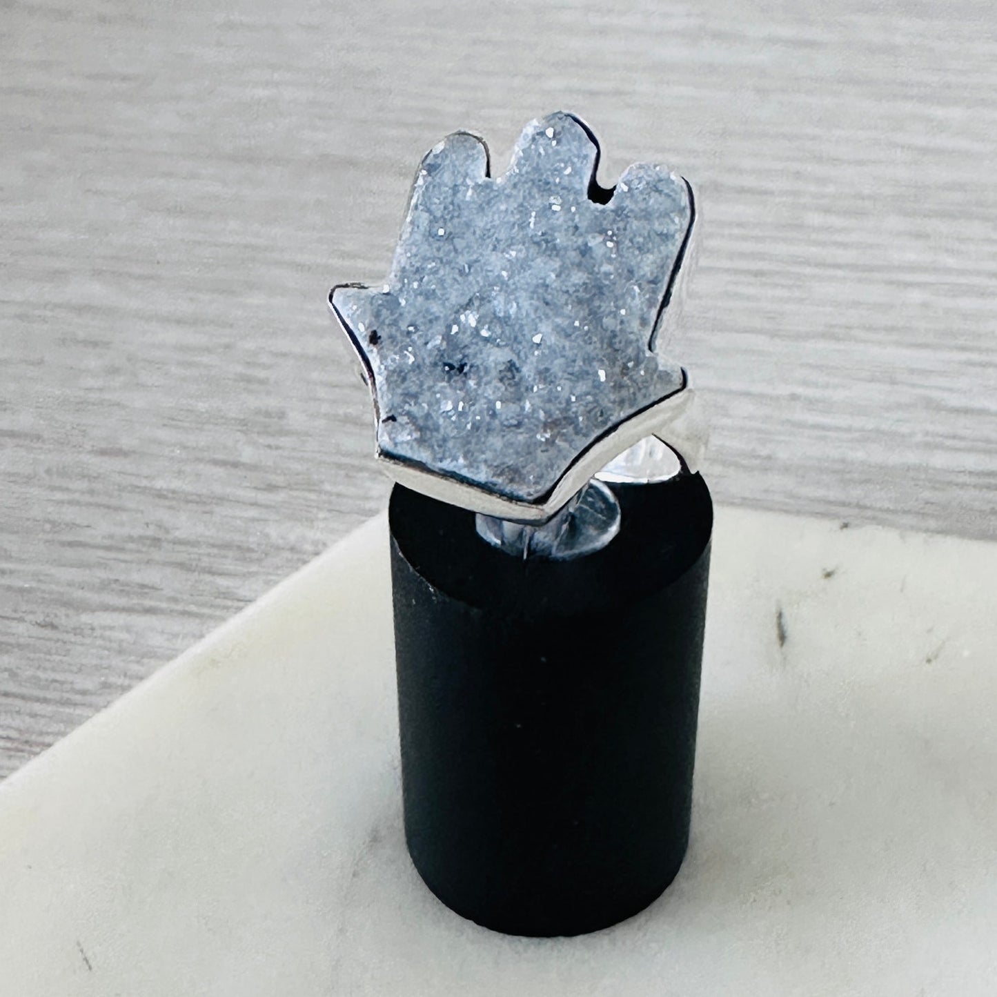 Hamsa Agate Druzy Sterling Silver Ring – Size 8, 925 Natural Stone