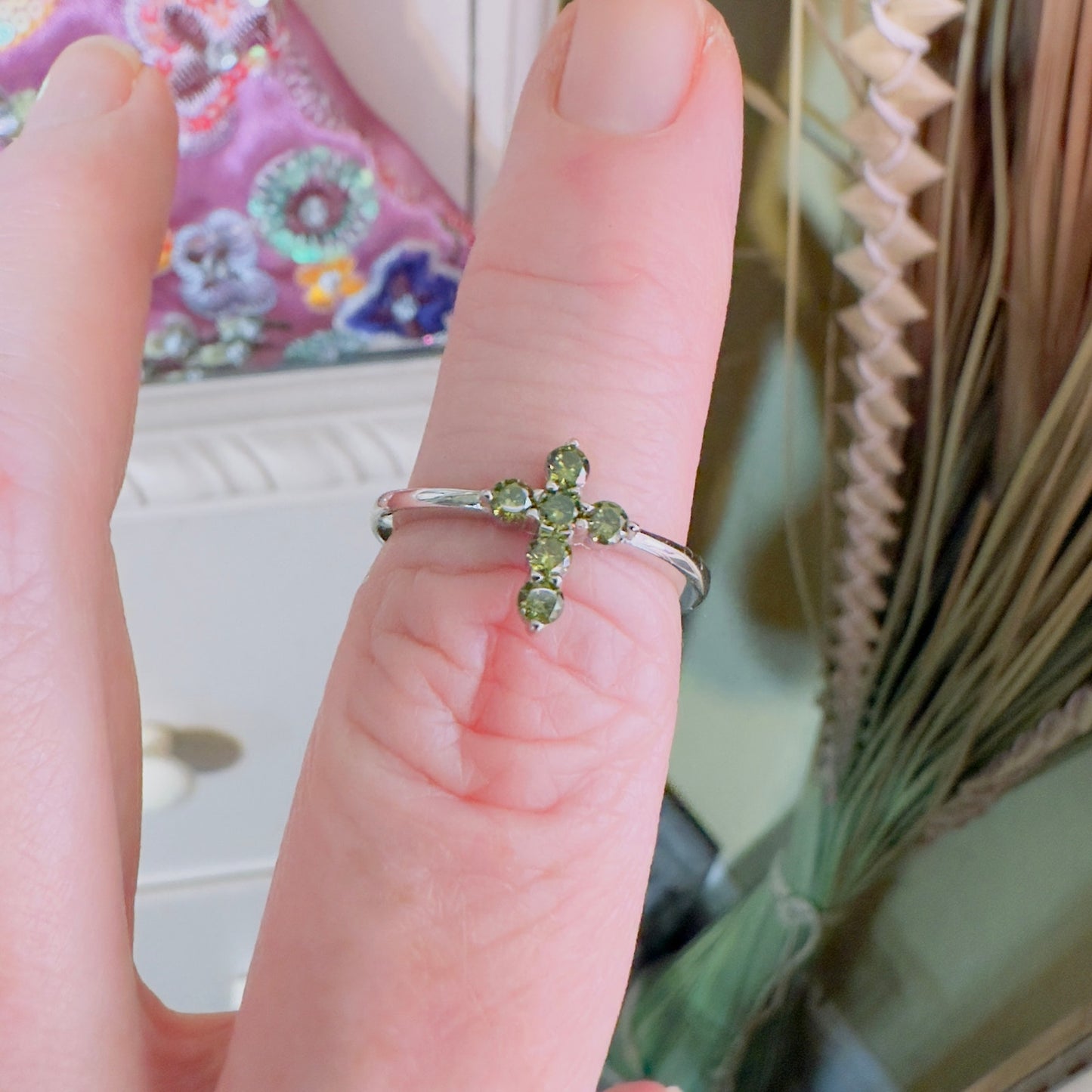 Sterling Silver Cross Green CZ Ring