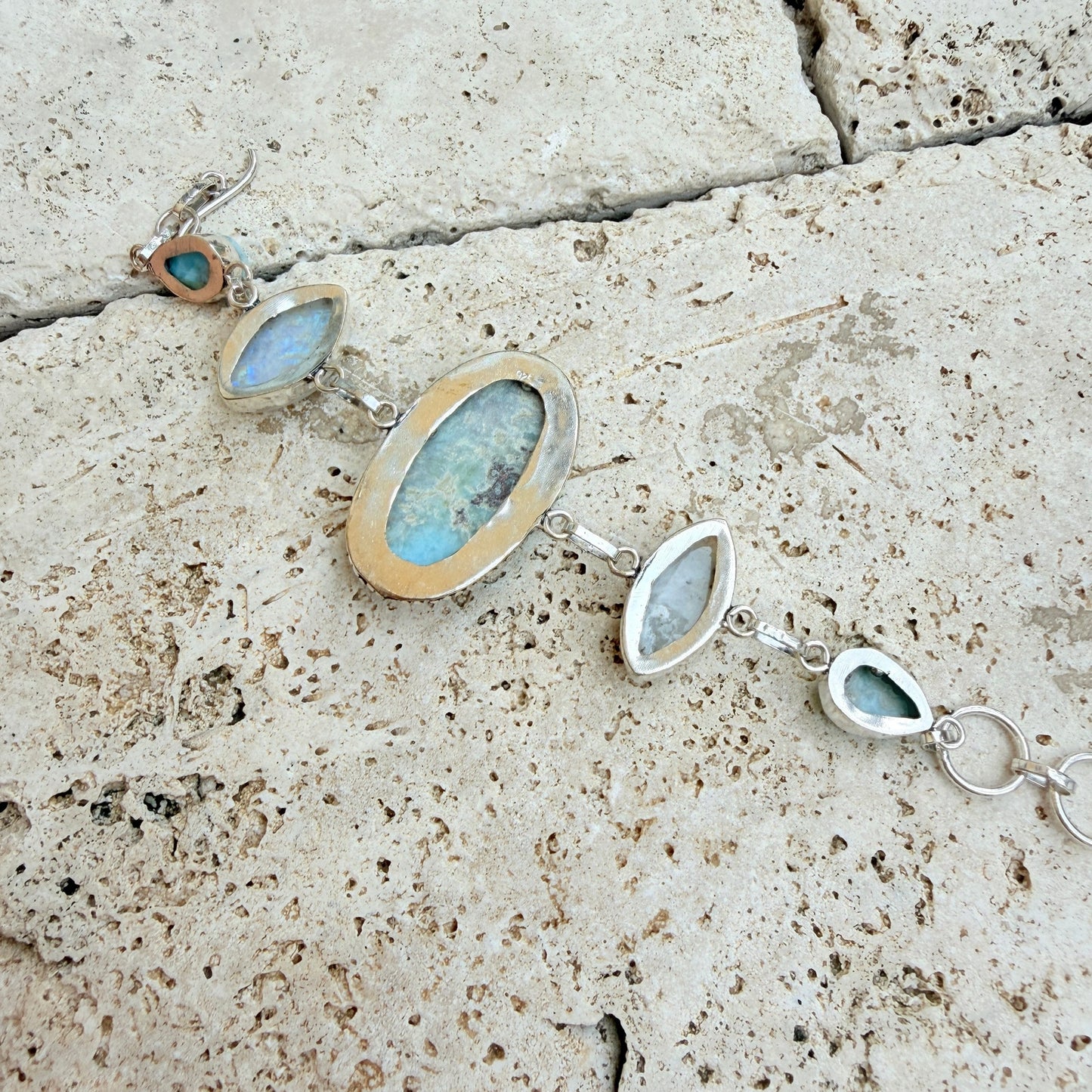 Larimar Rainbow Moonstone 925 Silver Overlay Toggle Bracelet