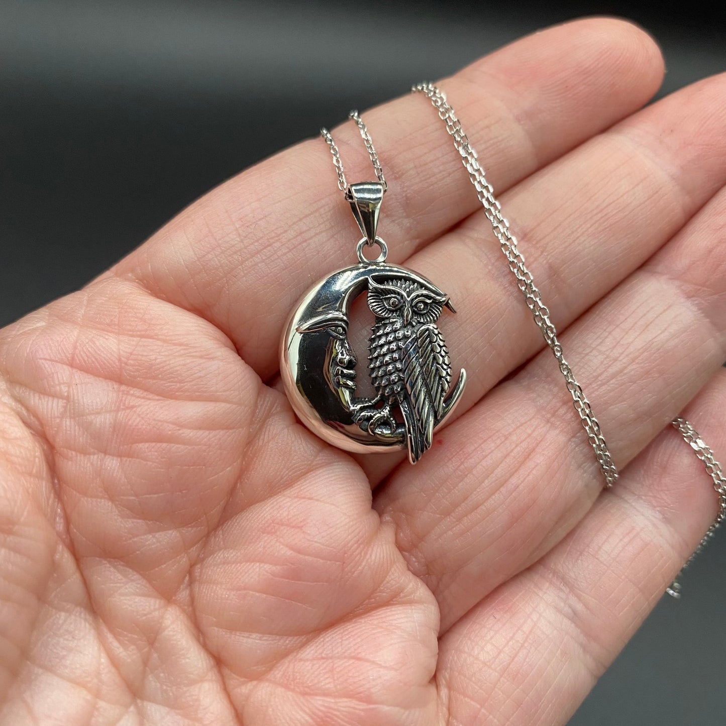 Owl And Moon Sterling Silver Necklace