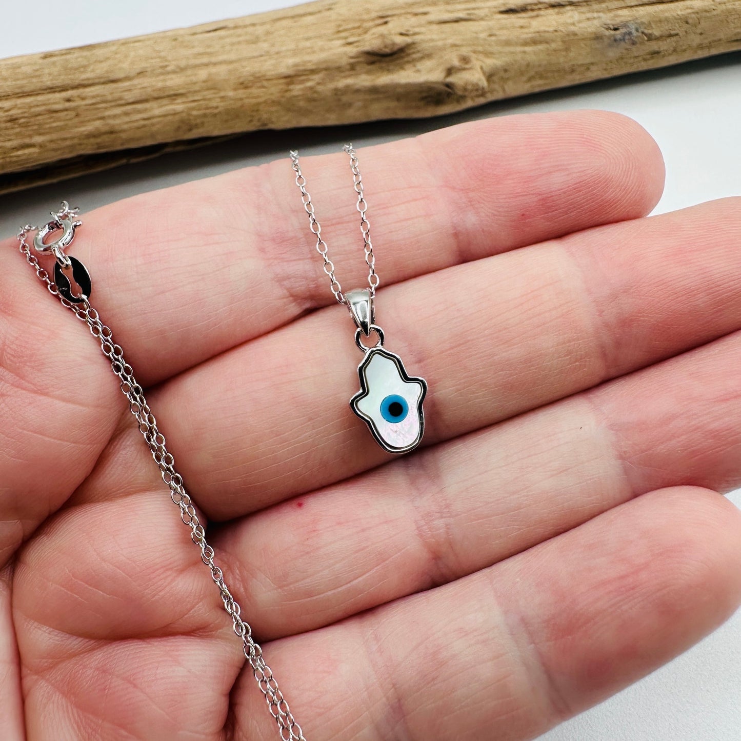 Hamsa Mother of Pearl Sterling Silver Necklace-Evil Eye Necklace